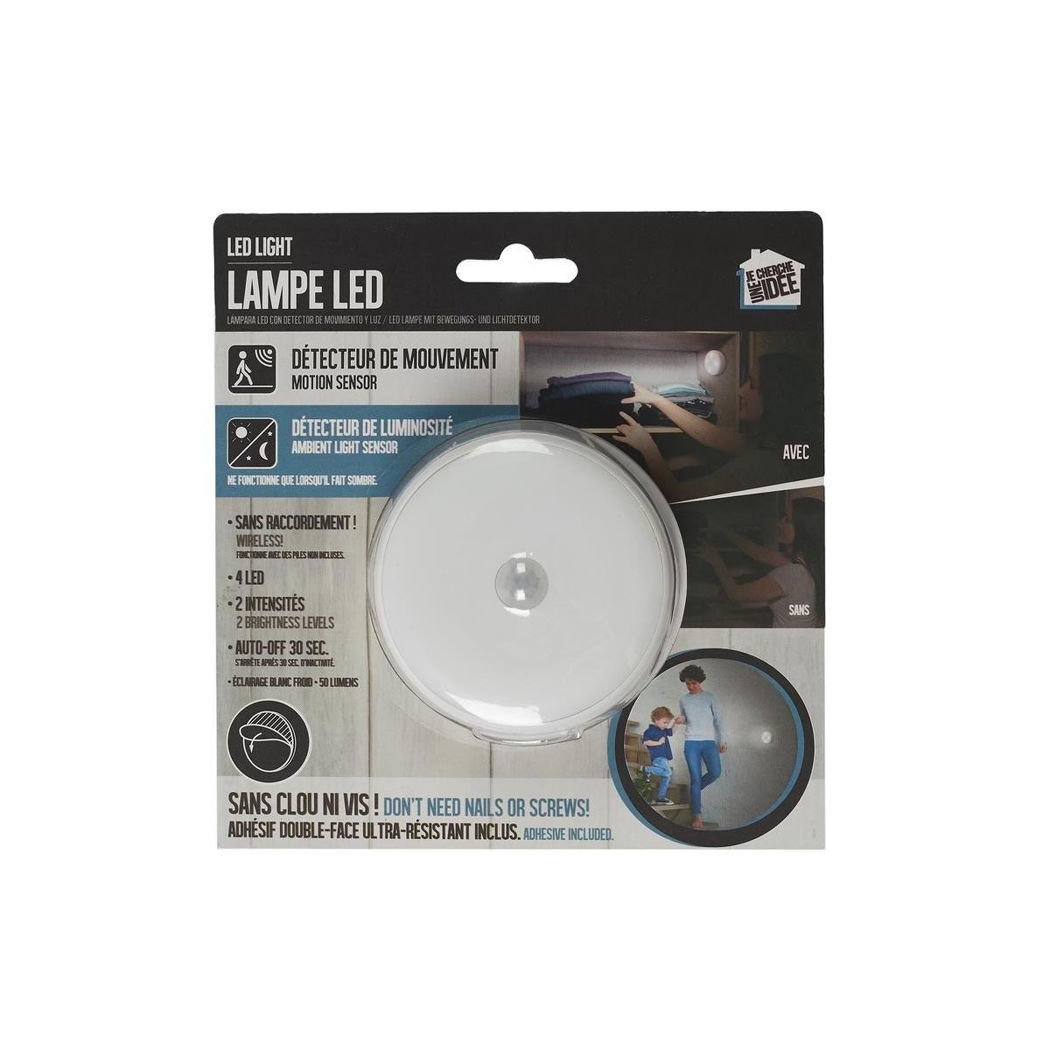 Voir la diapositive 4 : Je cherche une idee Lampe à led  détecteur de mouvement  7cm blanc