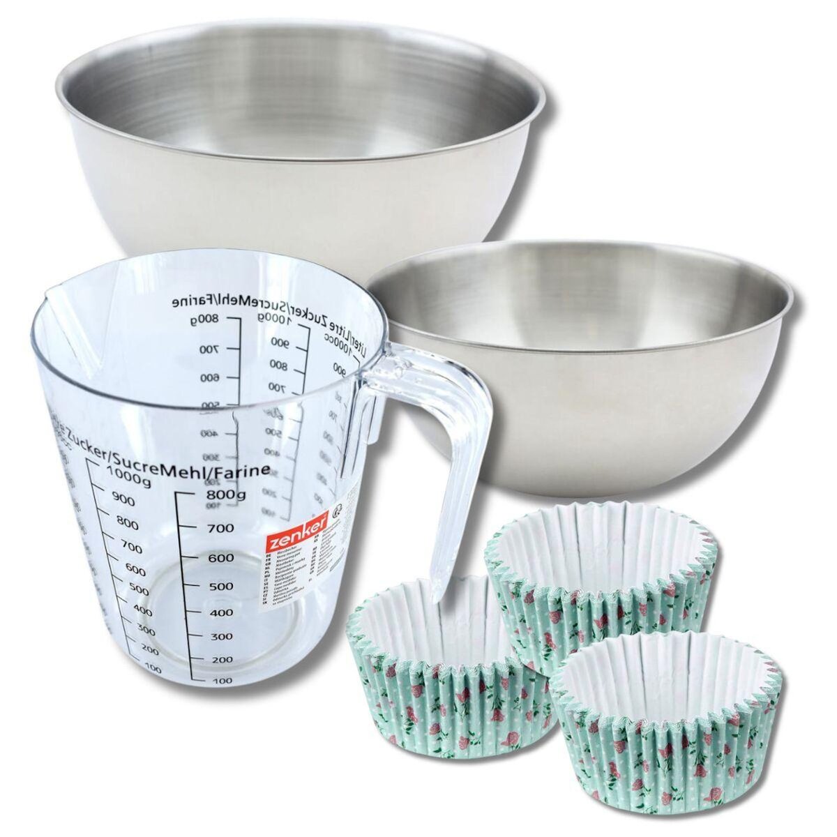 ZENKER Set pâtisserie avec 50 moules à muffins fleurs liberty en papier, 2 bols à mixer, verre mesureur et spatule Zenker