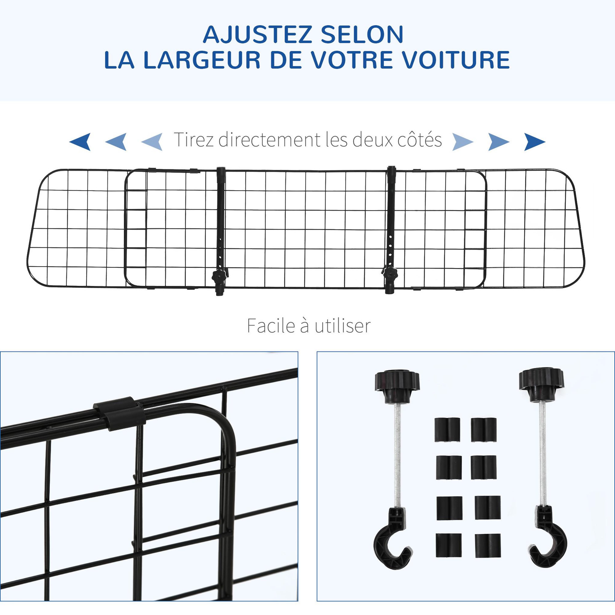 Voir la diapositive 4 : PAWHUT Barrière grille de séparation universelle voiture pour animaux longueur réglable dim. 91-152l x 30h cm kit complet installation inclus noir