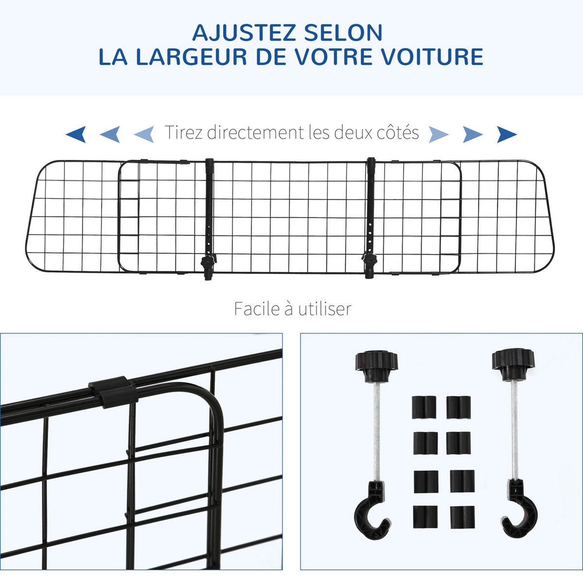 PAWHUT Barrière grille de séparation universelle voiture pour animaux longueur réglable dim. 91-152L x 30H cm kit complet installation inclus noir