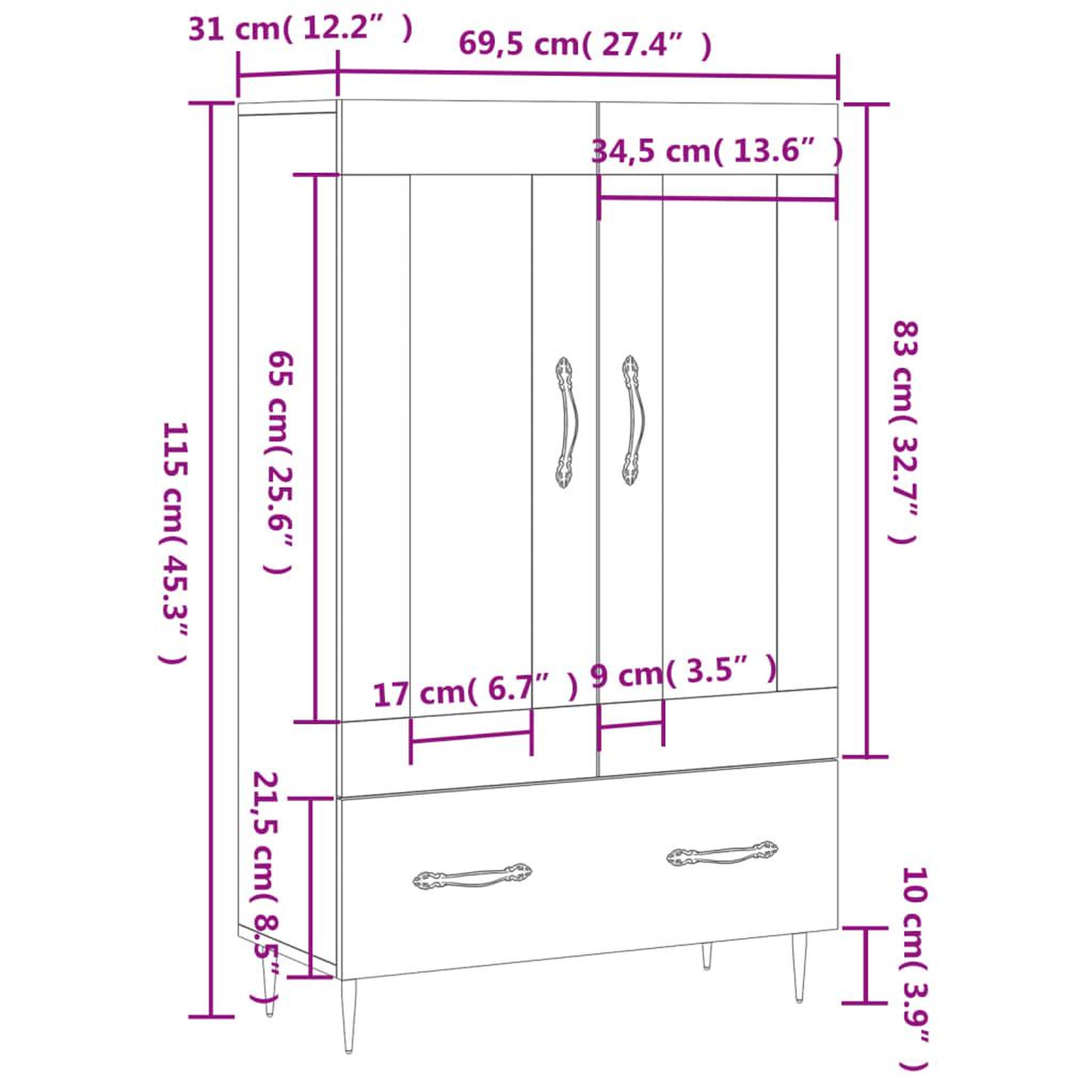 Voir la diapositive 6 : VIDAXL Buffet haut gris beton 69,5x31x115 cm bois d'ingenierie