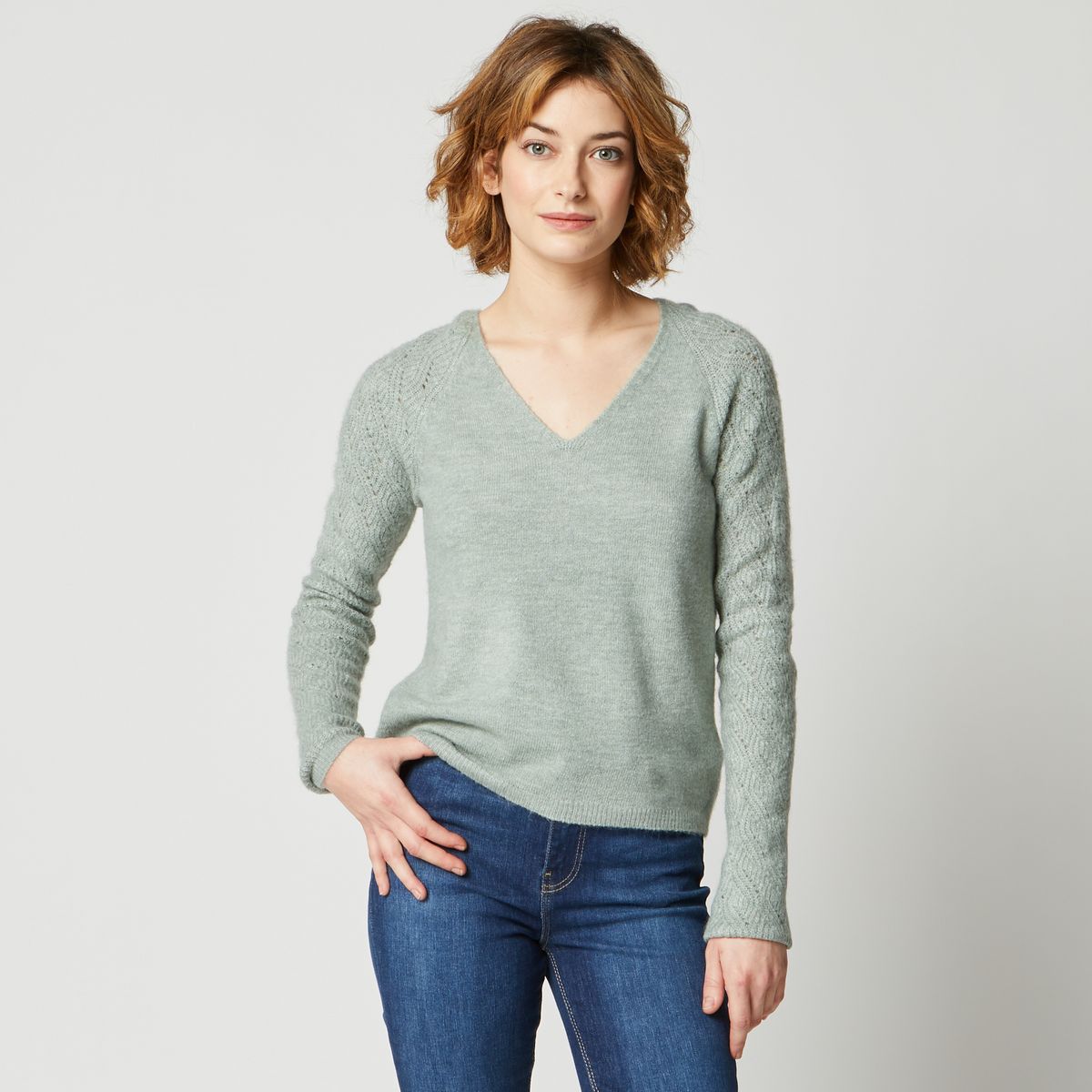 INEXTENSO Pull col v vert femme