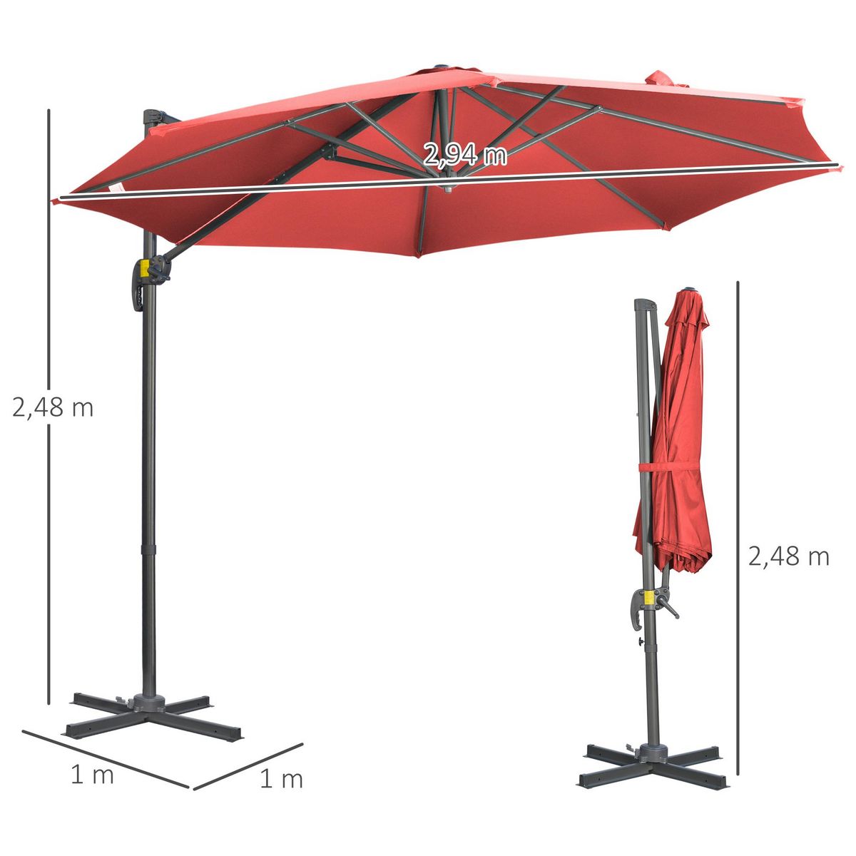 OUTSUNNY Parasol déporté octogonal inclinable manivelle avec pied en acier Ø 2,94 x 2,48H m rouge