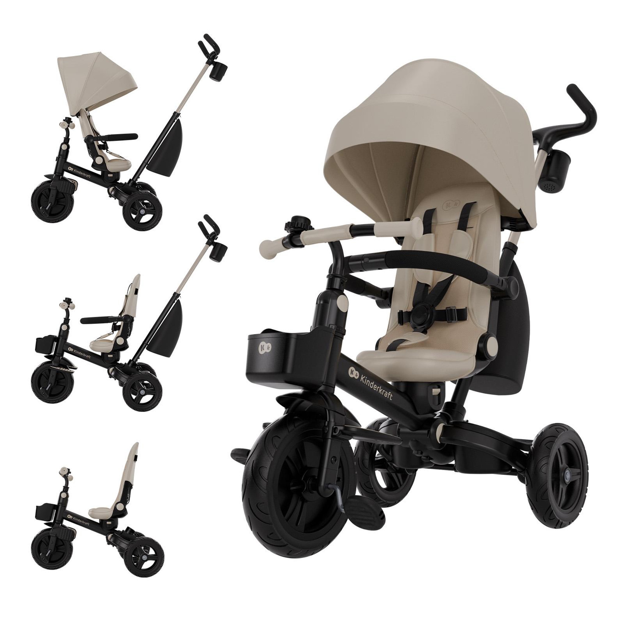 KINDERKRAFT Tricycle Kinderkraft AVEO 2 PLUS 6-en-1 évolutif, siège 360°, position allongée, canopy UPF50+, pliage rapide, Beige