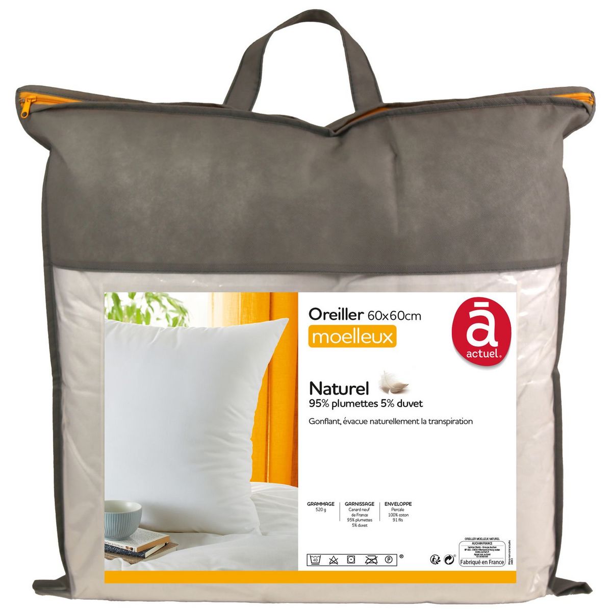ACTUEL Oreiller moelleux naturel en percale de coton CANARD NEUF DE France