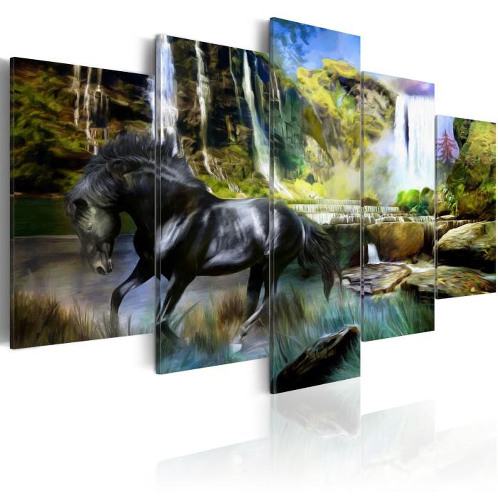 Paris Prix Tableau  Cheval Noir sur Fond de Cascade Paradis. Coloris disponibles : Multicolore