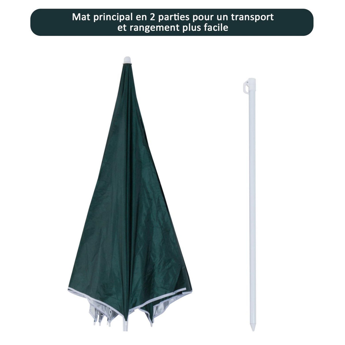 OUTSUNNY Parasol de plage Ø 2,2 x 2,2H cm protection UPF 50 + sac transport, sardines et lestage intégrés vert foncé