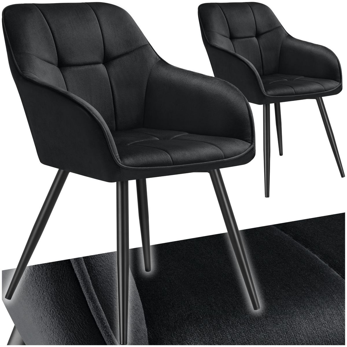 tectake Chaise de salle à manger rembourrée et en velours matelassé noir/noir Lot de 2