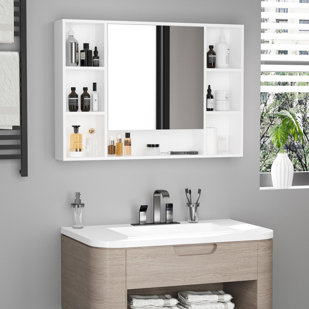 KLEANKIN Armoire murale salle de bain avec miroir - 7 niches, étagère - 100 x 15 x 70 cm - MDF blanc