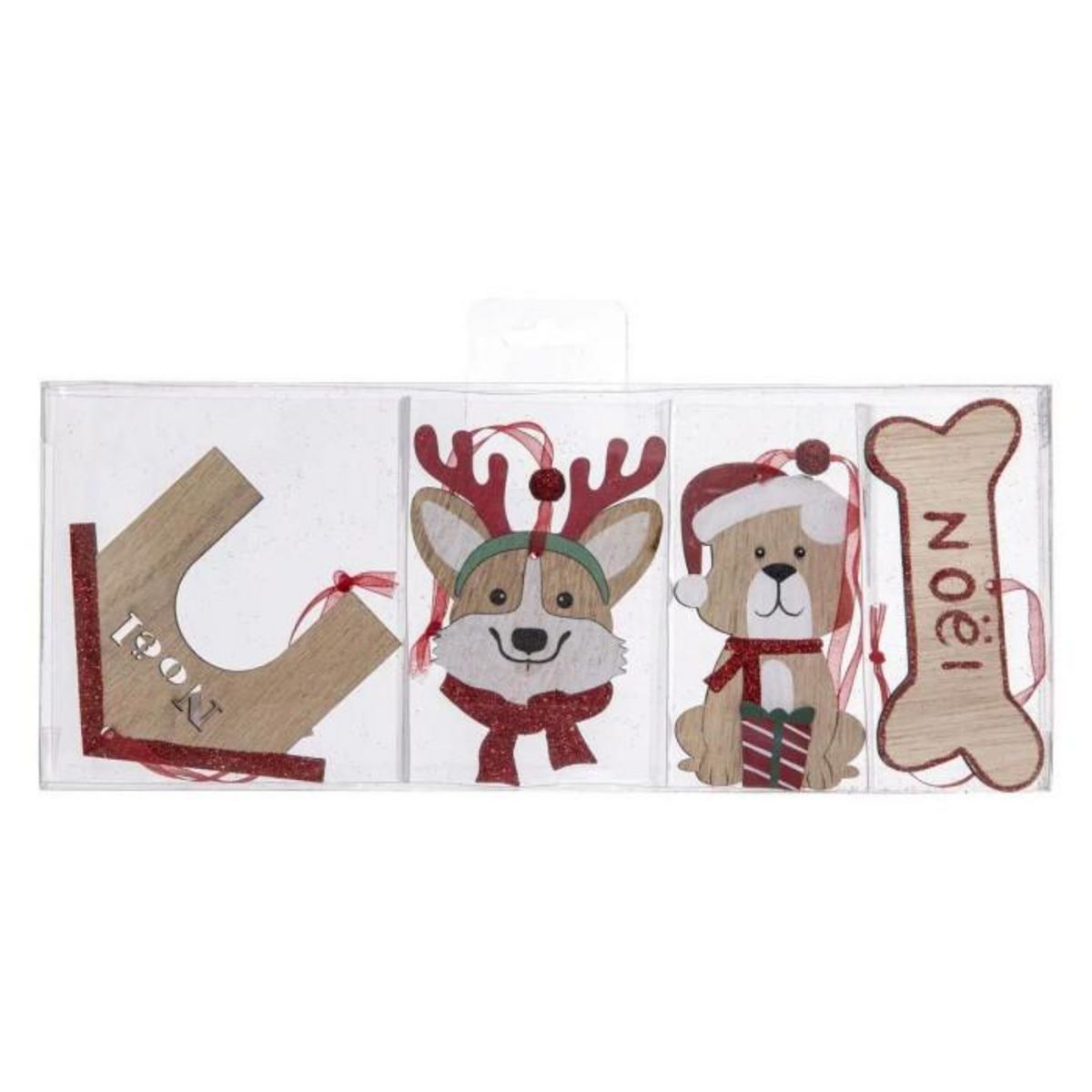 ATMOSPHERA Lot de 4 Sujets de Noël  Chien  12cm Beige & Rouge