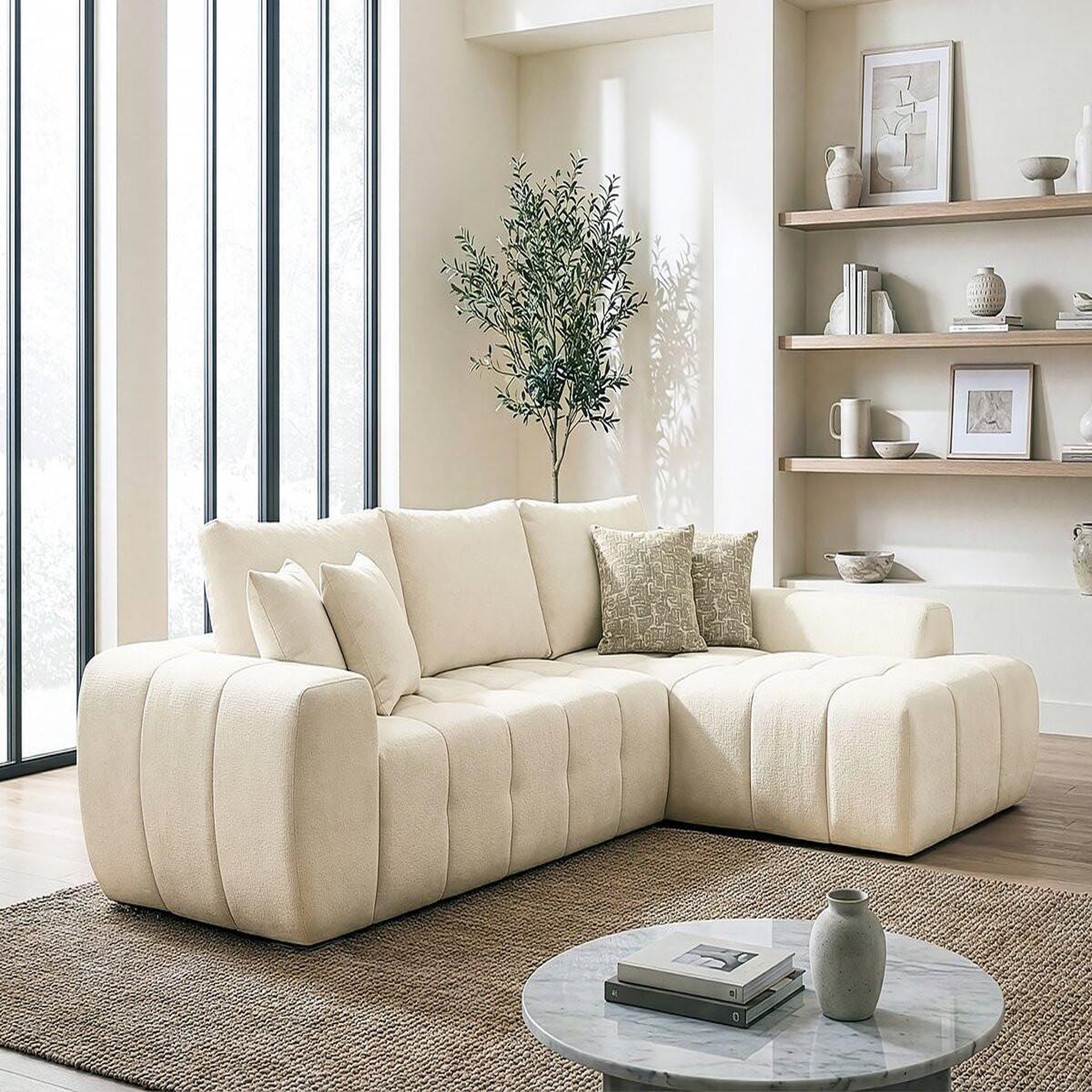 Voir la diapositive 4 : Habitat et Jardin Canapé d'angle droit en tissu style bubble  Sidonie  - 4 places - Beige