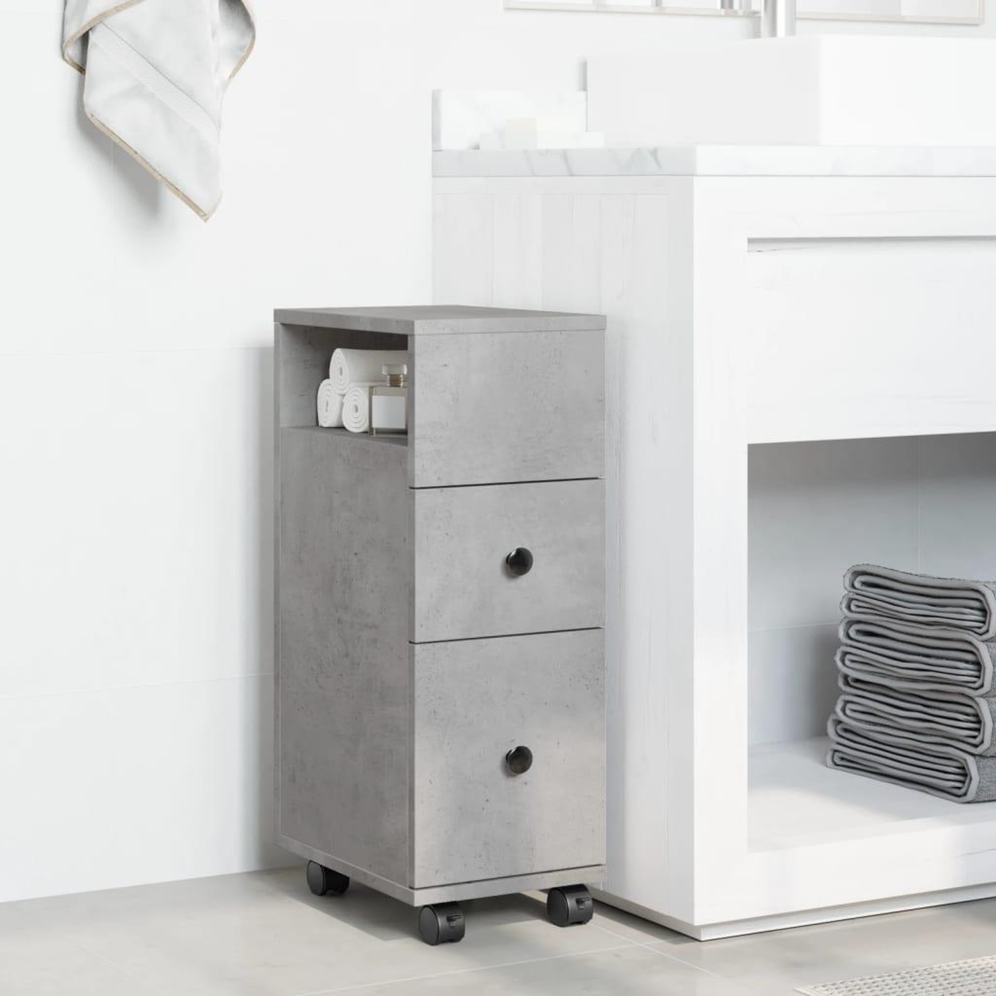 Voir la diapositive 3 : VIDAXL Meuble etroit de salle de bain a roulettes gris beton