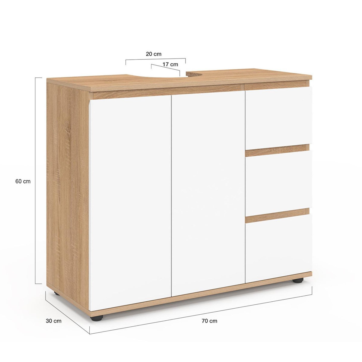 ID MARKET Meuble sous lavabo salle de bain TOMI avec placard et 3 tiroirs façon hêtre et blanc