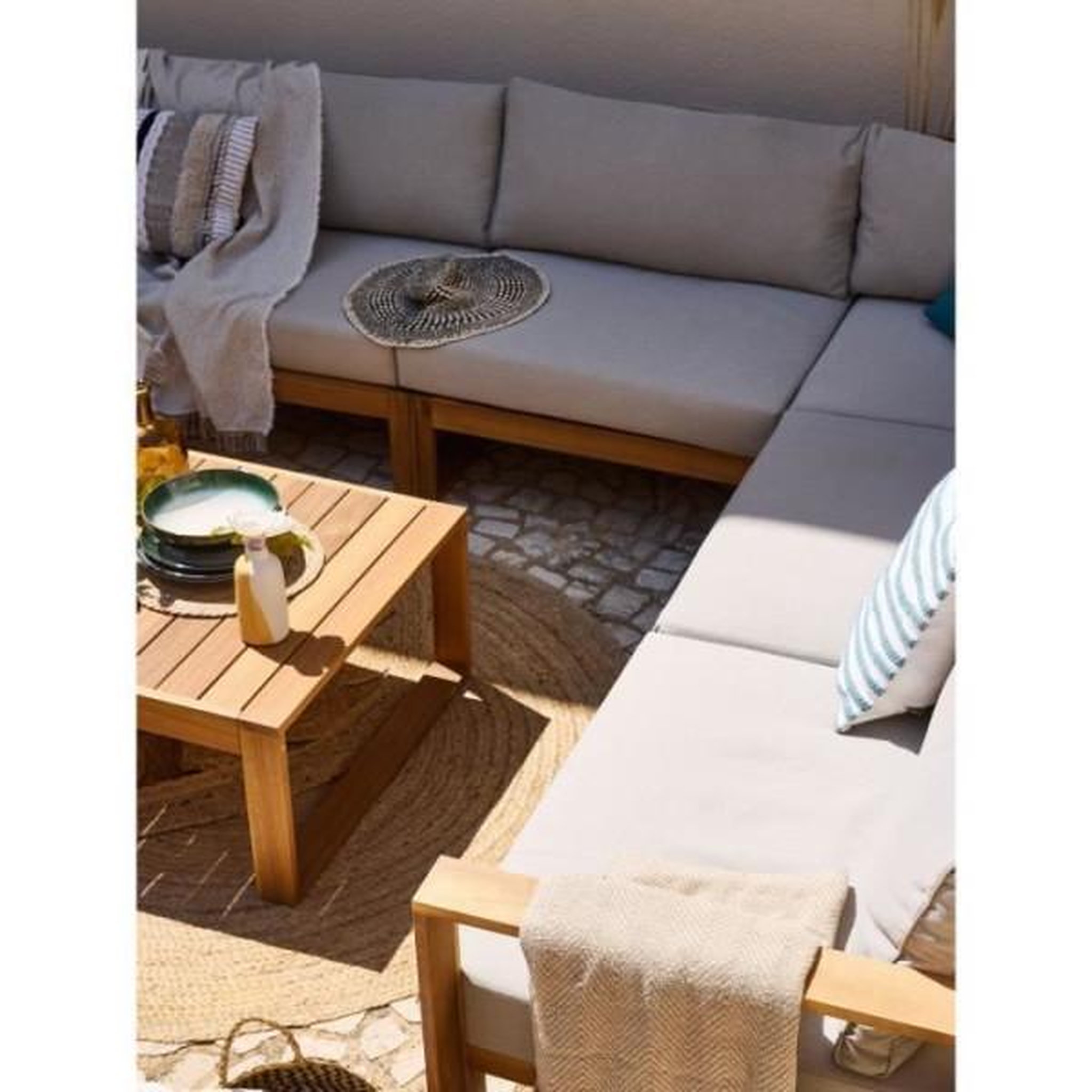 Voir la diapositive 6 : BOCARNEA Salon de jardin d'angle modulable - Bois d'acacia - 9 personnes - LEVATA XXL - Lin + Housse