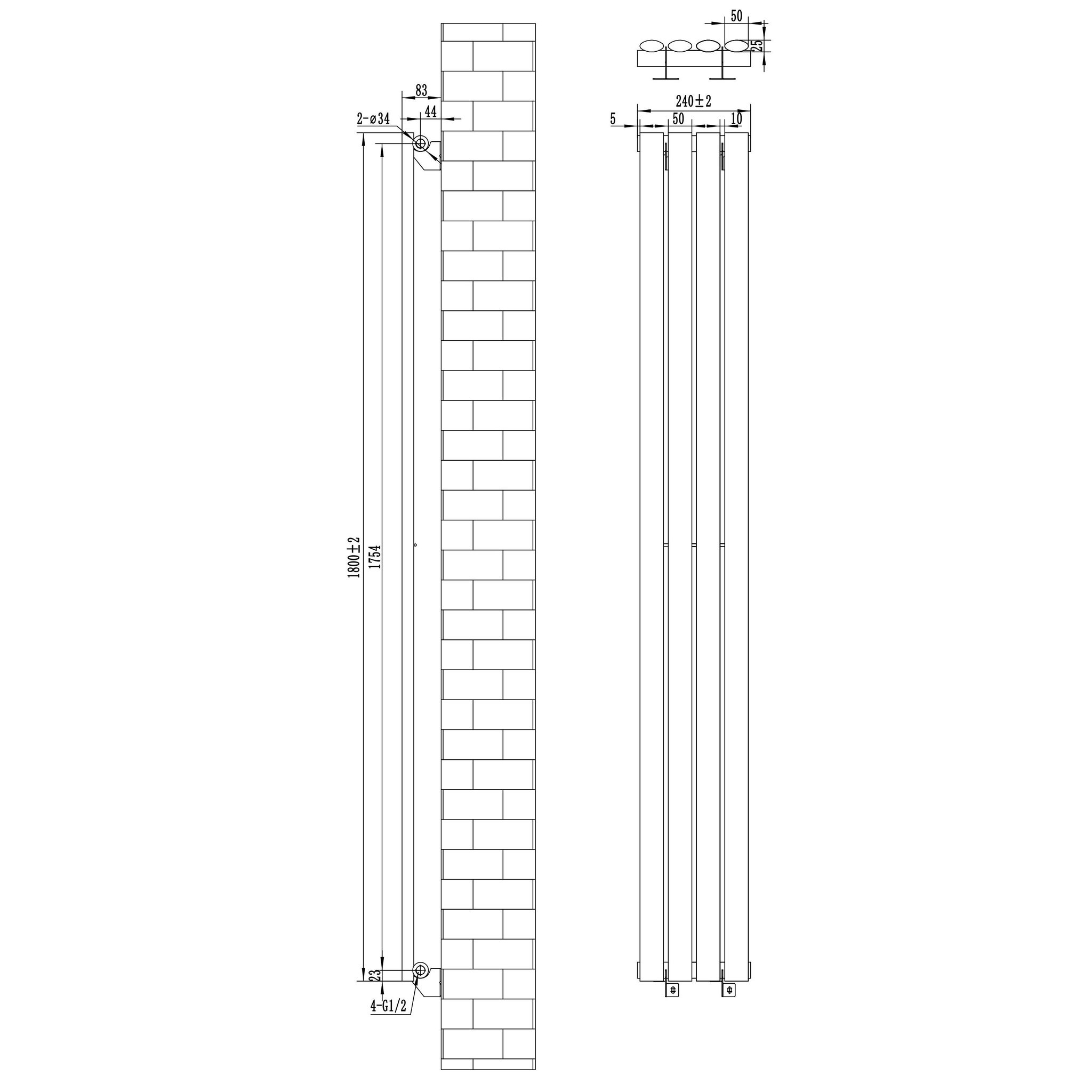 Voir la diapositive 5 : MONSTERSHOP Radiateur à colonnes ovales & vannes, 1 panneau - 1800 x 240 mm