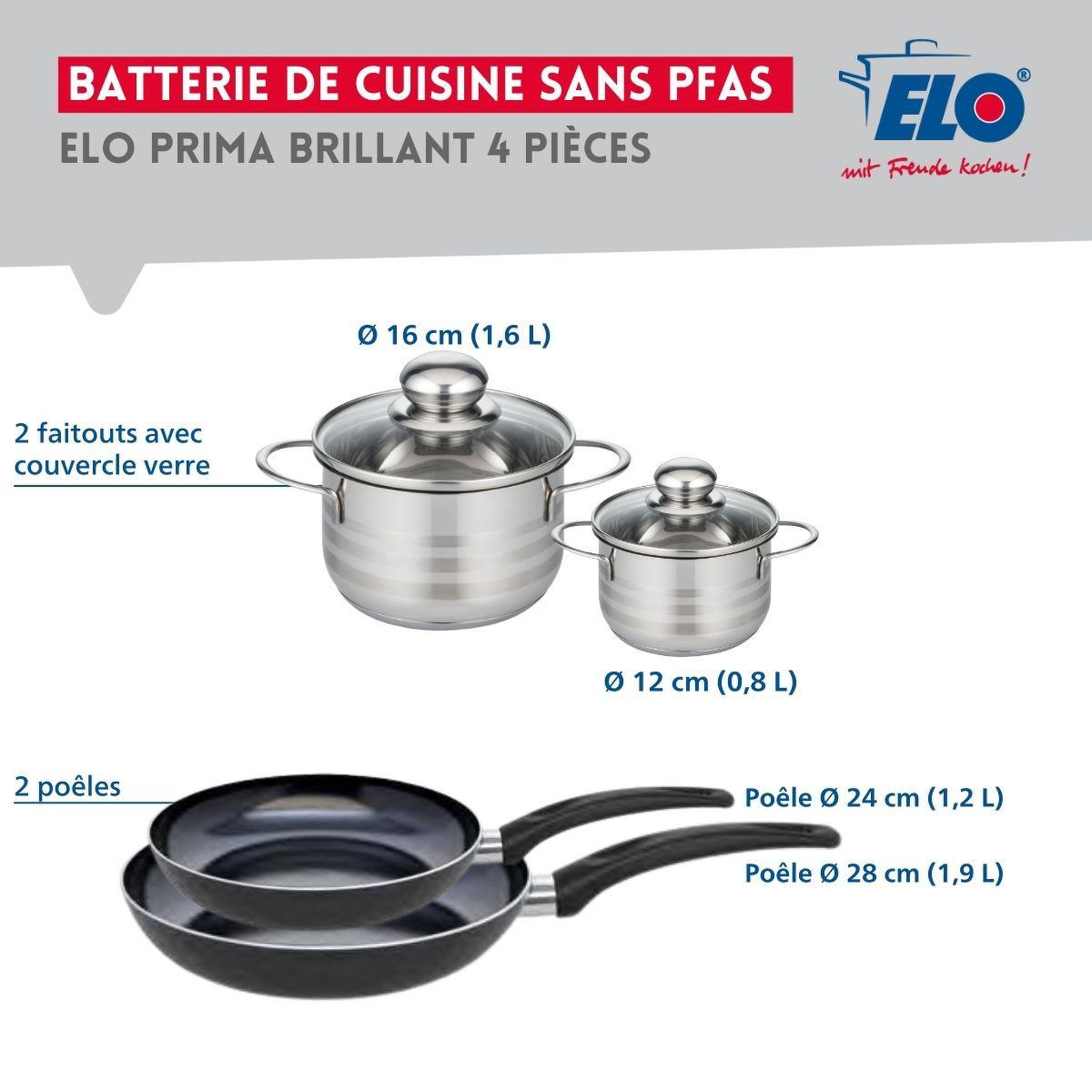 Voir la diapositive 2 : ELO Ensemble de 2 poêles de cuisson 24 et 28 cm et 2 faitouts 12 et 16 cm elo prima brillant