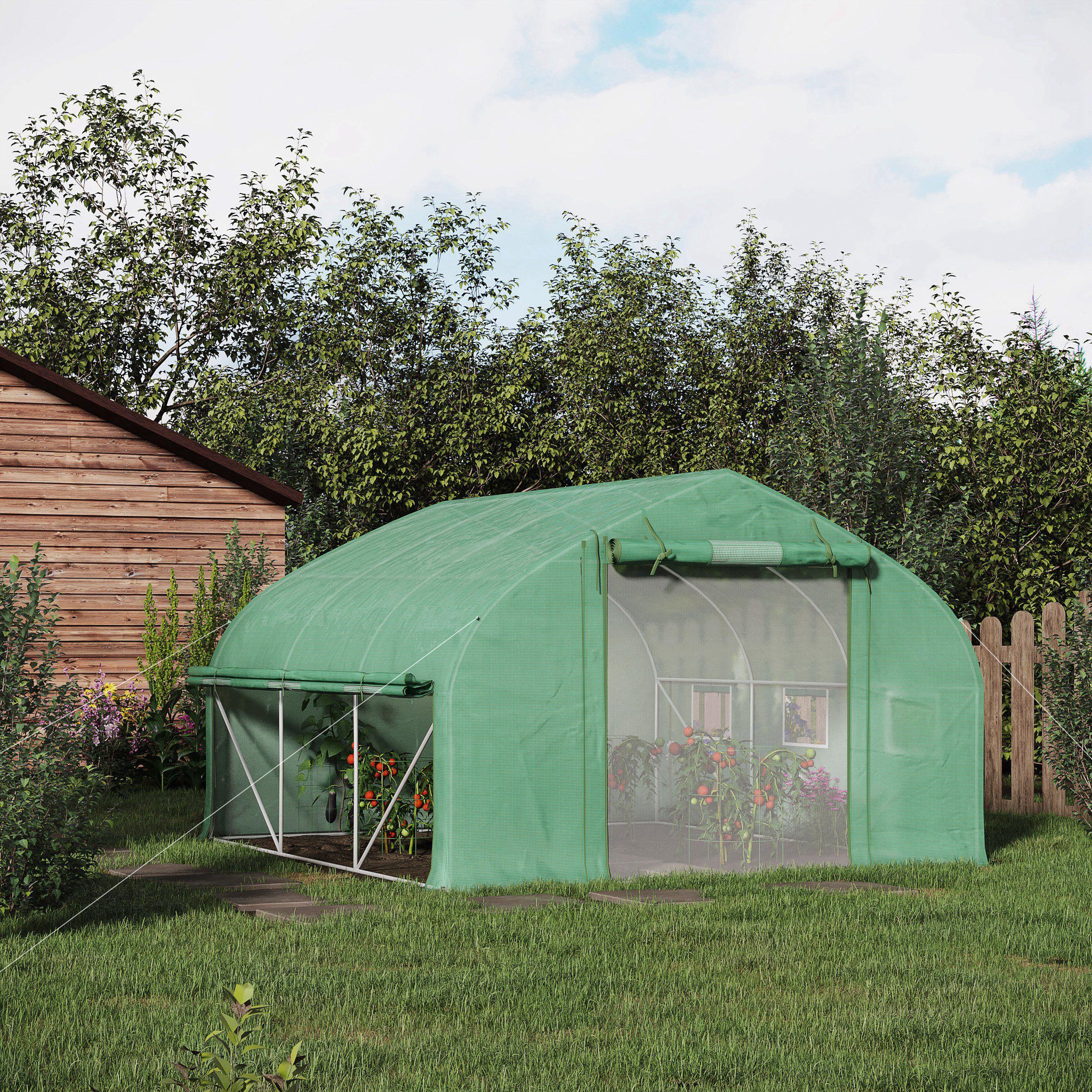 Voir la diapositive 3 : OUTSUNNY Serre de jardin tunnel 10,4 m² - 6 fenêtres et porte zippée avec moustiquaires - acier galvanisé pe vert