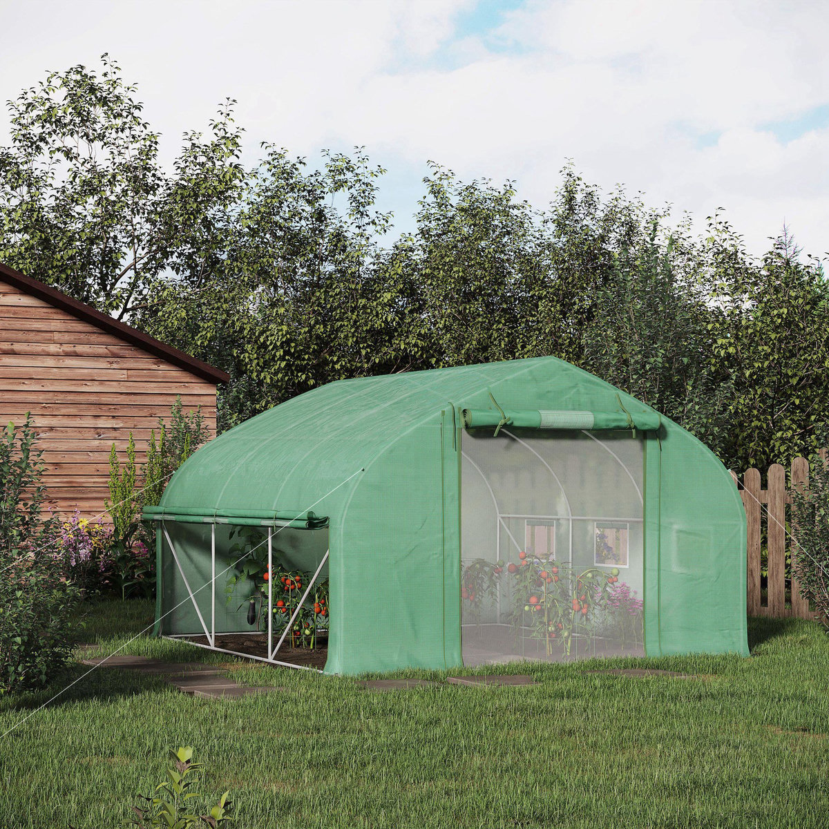 OUTSUNNY Serre de jardin tunnel 10,4 m² - 6 fenêtres et porte zippée avec moustiquaires - acier galvanisé PE vert