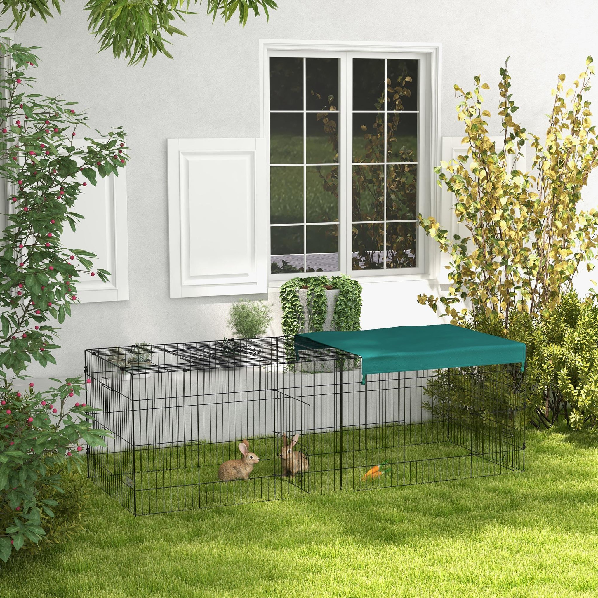 Voir la diapositive 2 : PAWHUT Parc enclos petits animaux - 2 portes, 3 trappes nourrissages, zone couverte - acier noir polyester vert
