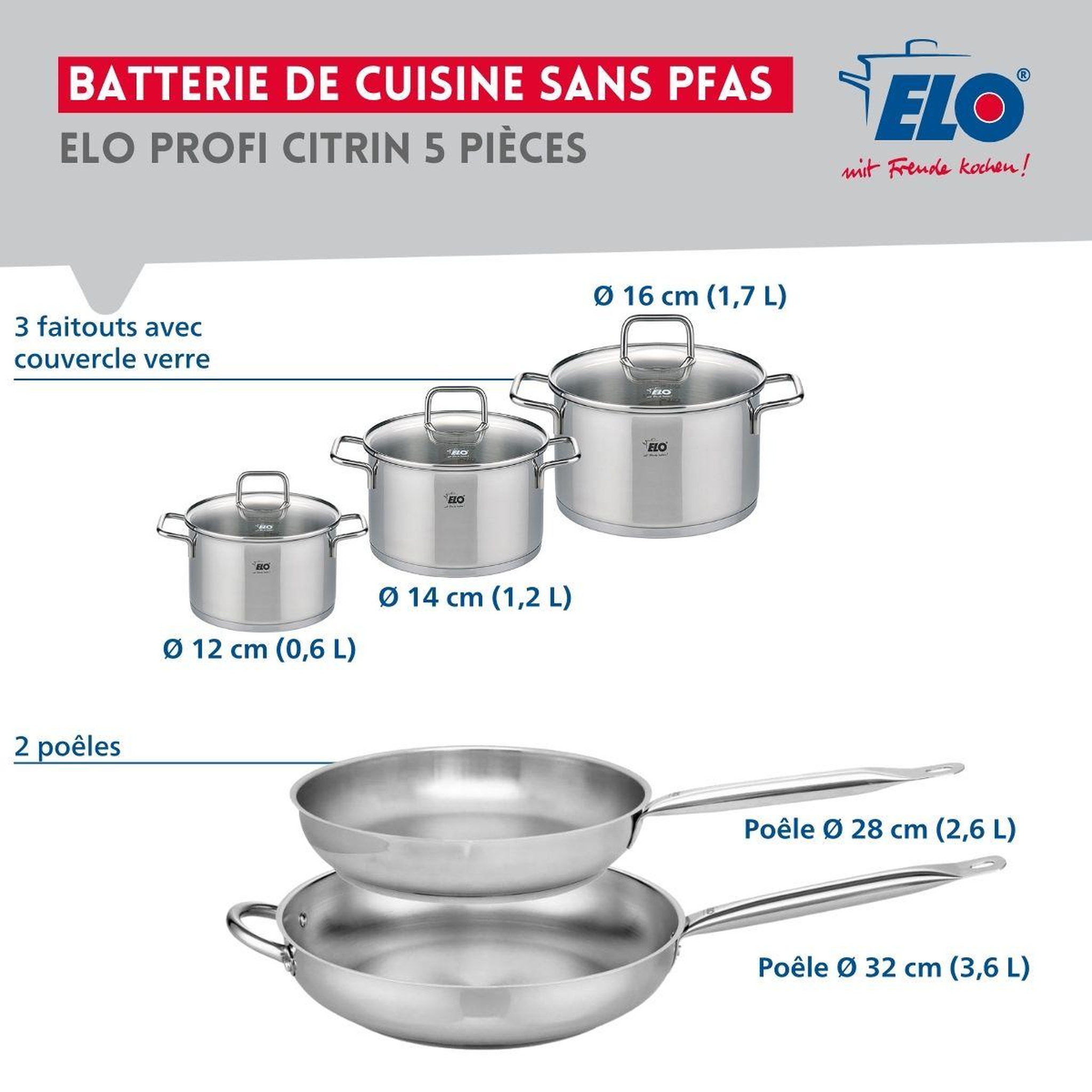 Voir la diapositive 2 : ELO Ensemble de 2 poêles de cuisson 28 et 32 cm et 3 faitouts 12, 14 et 16 cm elo profi citrin