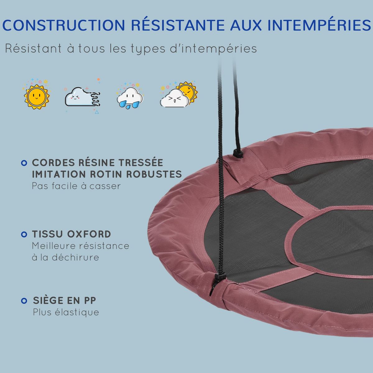 OUTSUNNY Balançoire nid d'oiseau ronde Ø 110 cm 4 anneaux inclus bleu