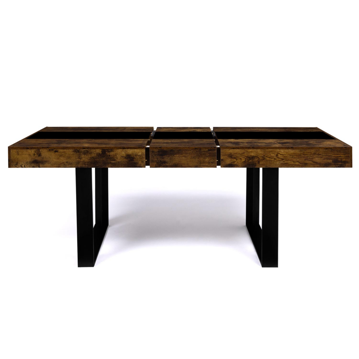 ID MARKET Table à manger extensible rectangle PHOENIX 4-8 personnes bois effet vieilli et noir bande centrale noire 160-200 cm