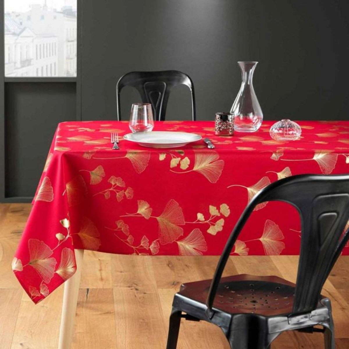 Paris Prix Nappe Imprimé Métallisé  Bloomy  150x300cm Rouge & Or