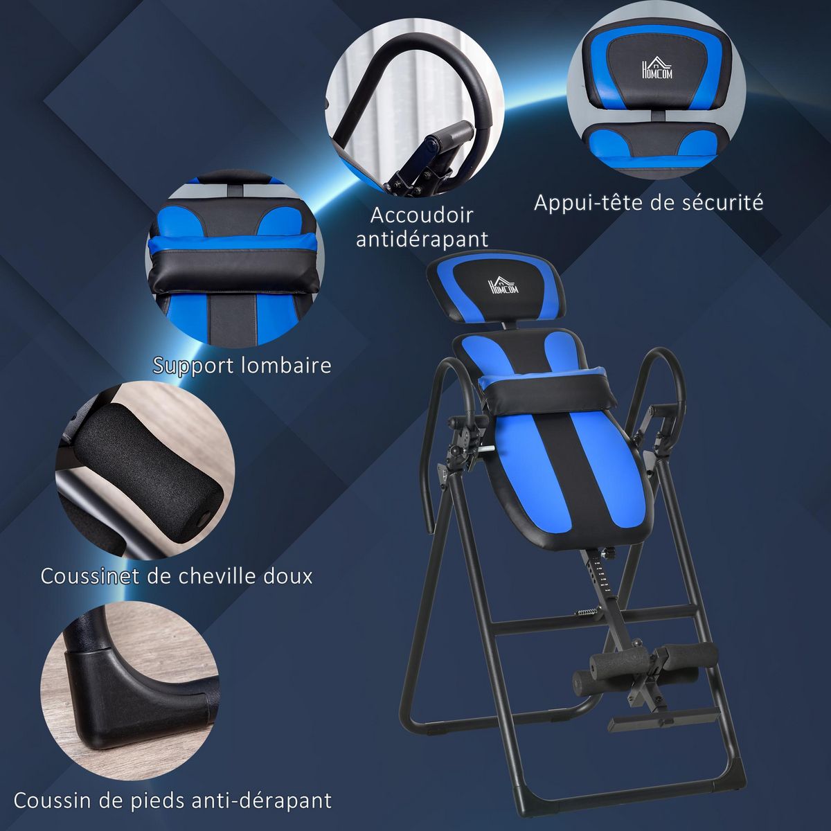 HOMCOM Table d'inversion pliable réglable antidérapante charge max. 110 Kg acier synthétique bleu noir