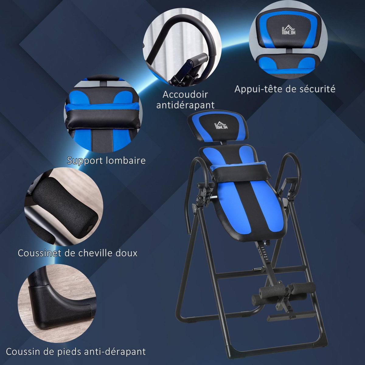 HOMCOM Table d'inversion pliable réglable antidérapante charge max. 110 Kg acier synthétique bleu noir