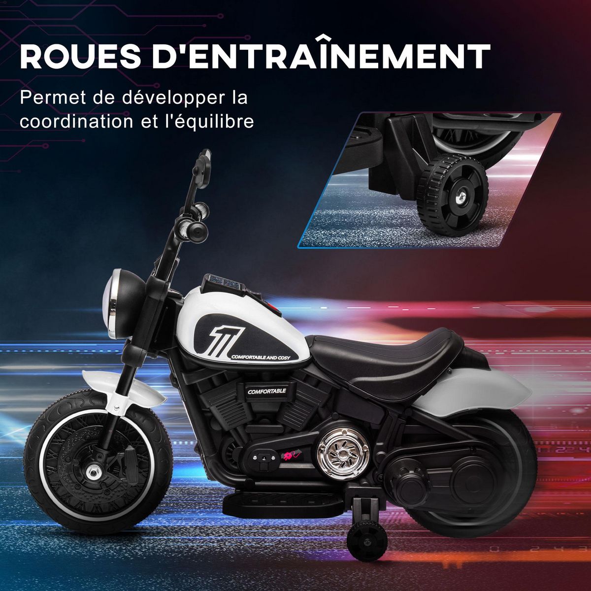 HOMCOM Moto électrique enfant 6 V 3 Km/h effet lumineux roulettes amovibles repose-pied pédale métal PP blanc noir