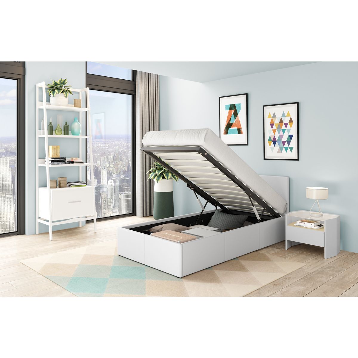 Lit coffre 90x190cm sommier inclus avec tête de lit WILLOW