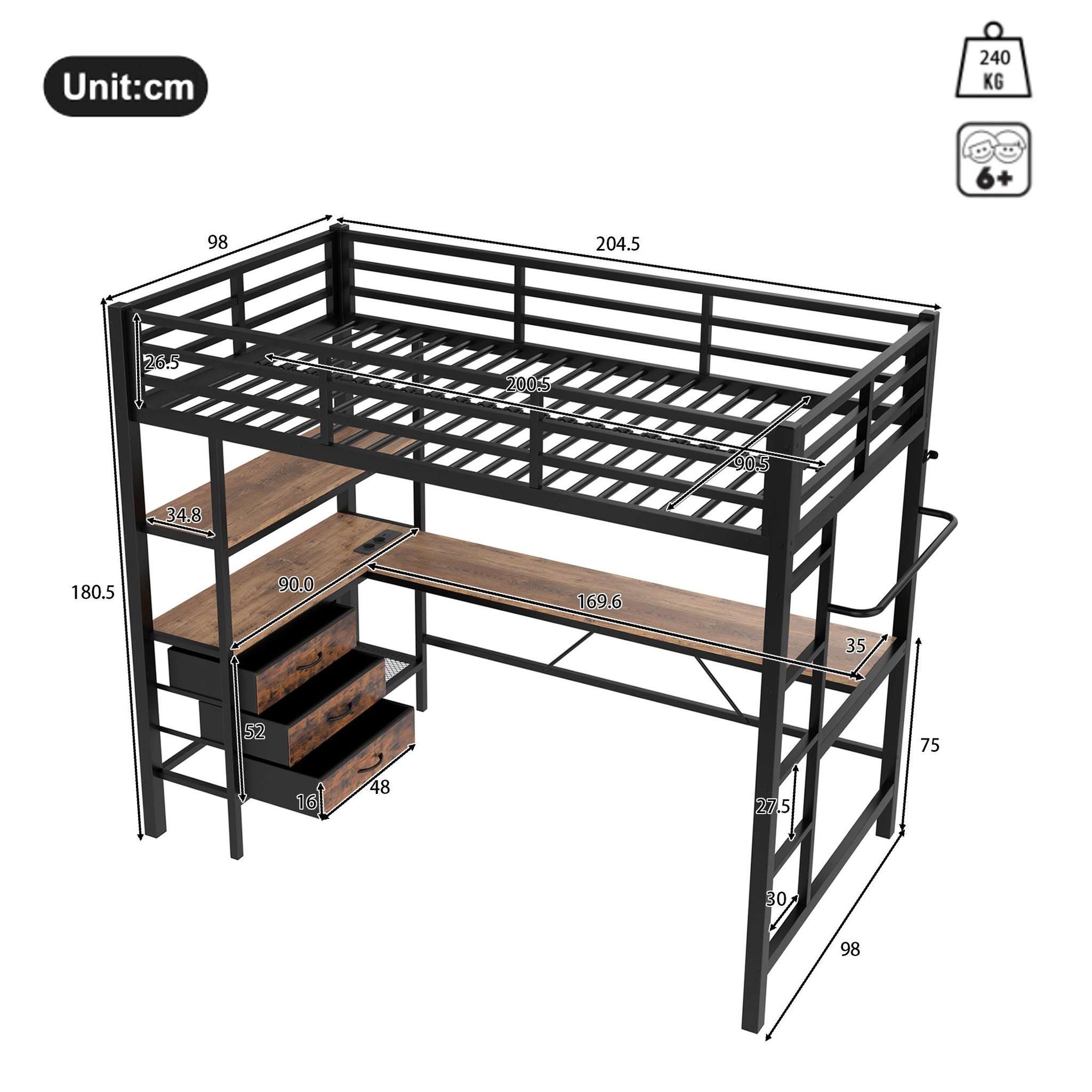 Voir la diapositive 3 : MERAX Lit mezzanine 90x200cm