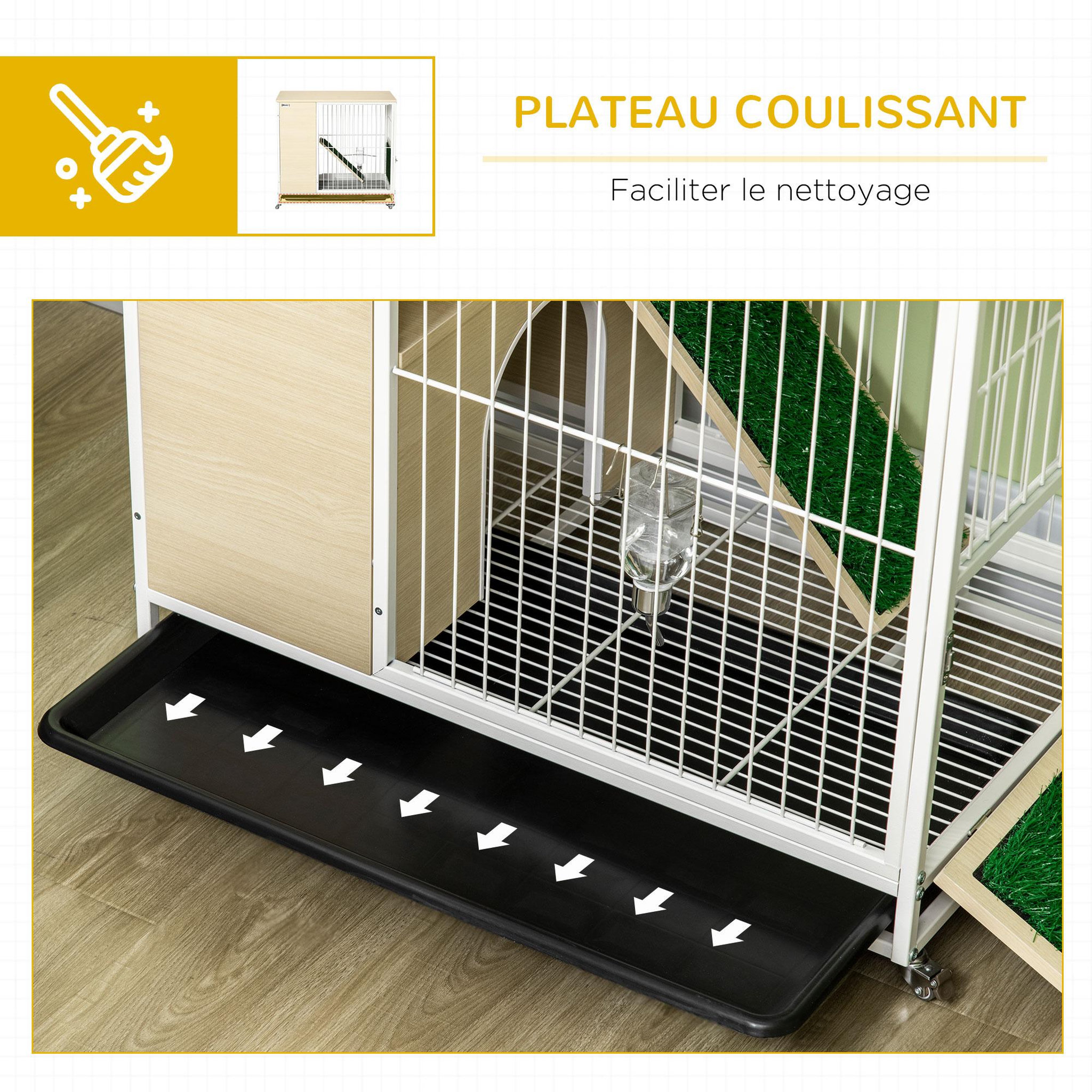 Voir la diapositive 6 : PAWHUT Clapier à lapin sur roulettes cage à lapin 2 niveaux toit ouvrant porte plateau déjection coulissant rampe niche acier blanc aspect bois clair