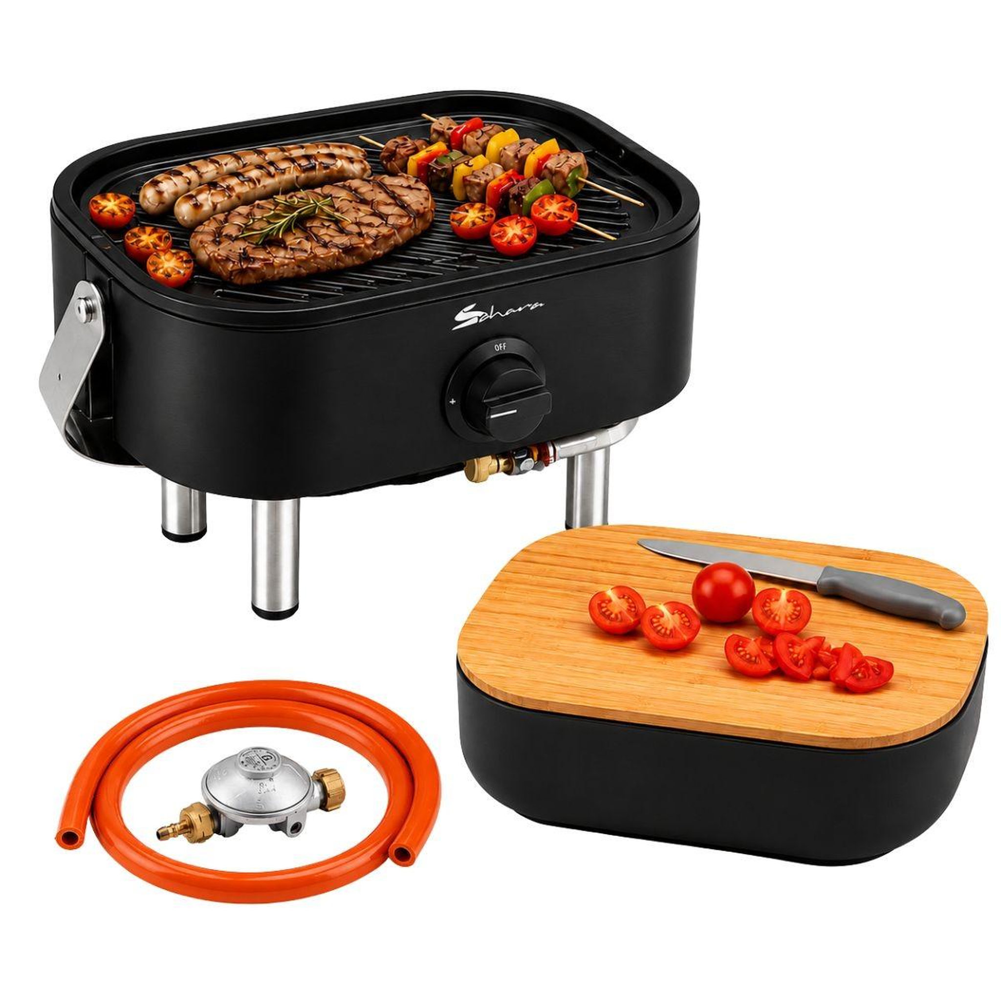 Voir la diapositive 3 : SAHARA Barbecue à gaz portable compact 2,7kw grille en fonte mini barbecue de table noir planche à découper bois 2 à 4 personnes sahara