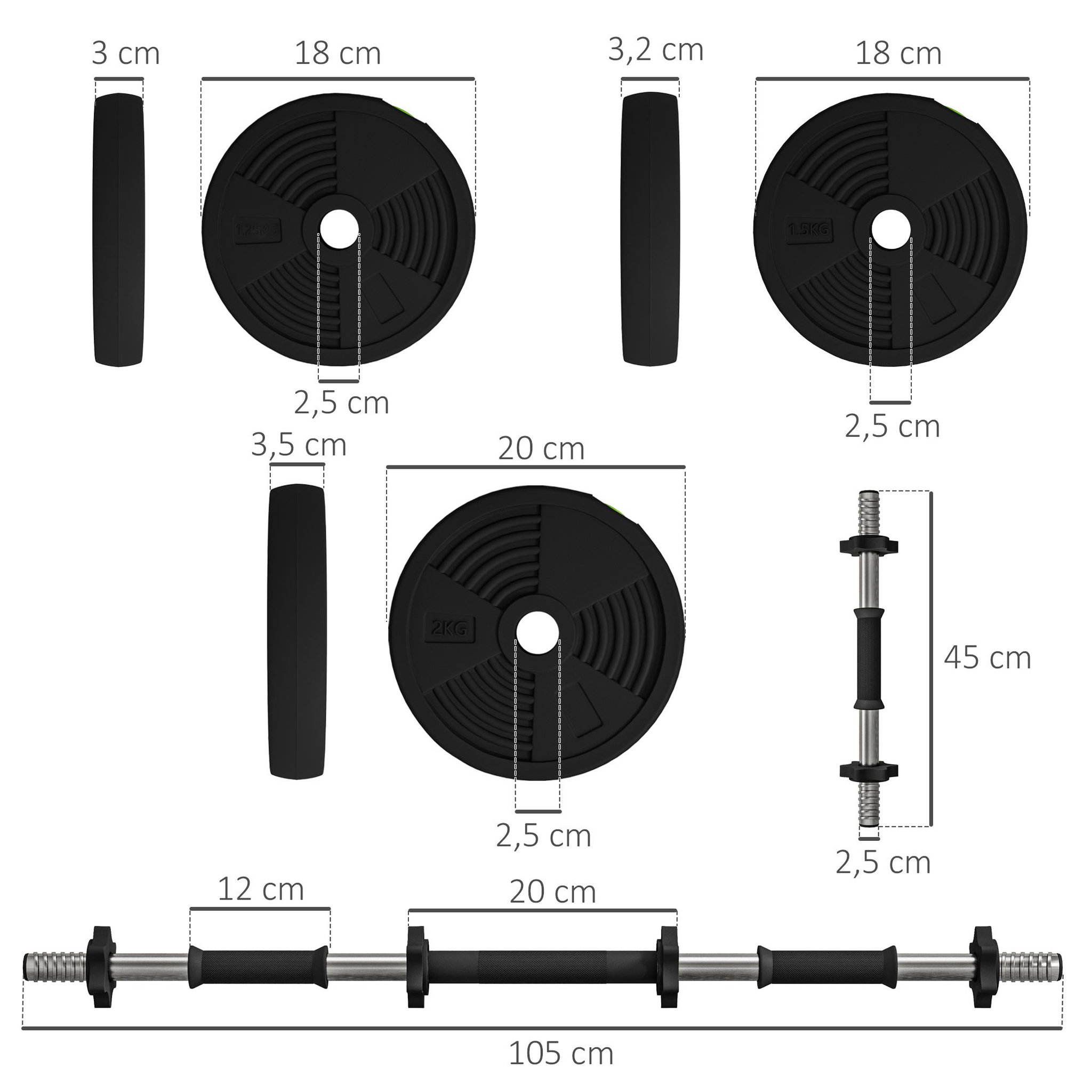 Voir la diapositive 3 : HOMCOM Haltères 2 en 1 réglables - haltères libres 20 kg - barres incluses - entraînement musculaire & haltérophilie - noir vert