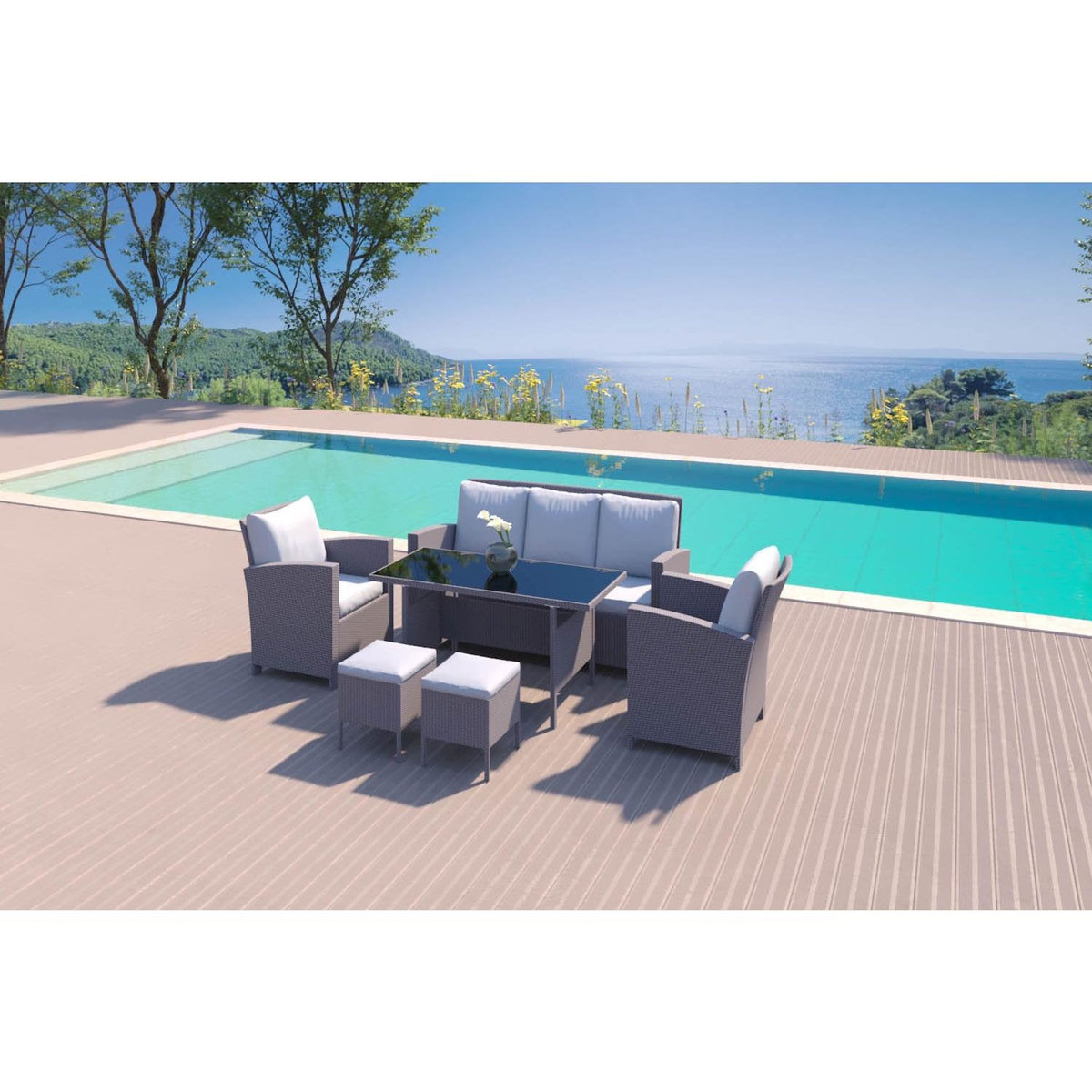CONCEPT USINE Salon de jardin 7 places en résine tressée gris MODENA
