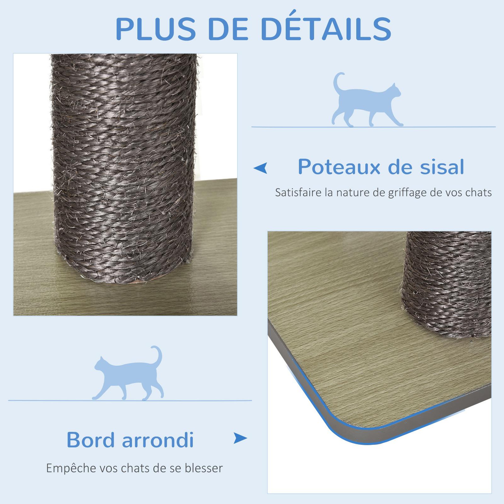 Voir la diapositive 6 : PAWHUT Arbre à chats design contemporain griffoirs grattoirs sisal naturel centre d'activités niche plate-formes jeu boules suspendues 71L x 49l x 120H cm MDF hêtre gris