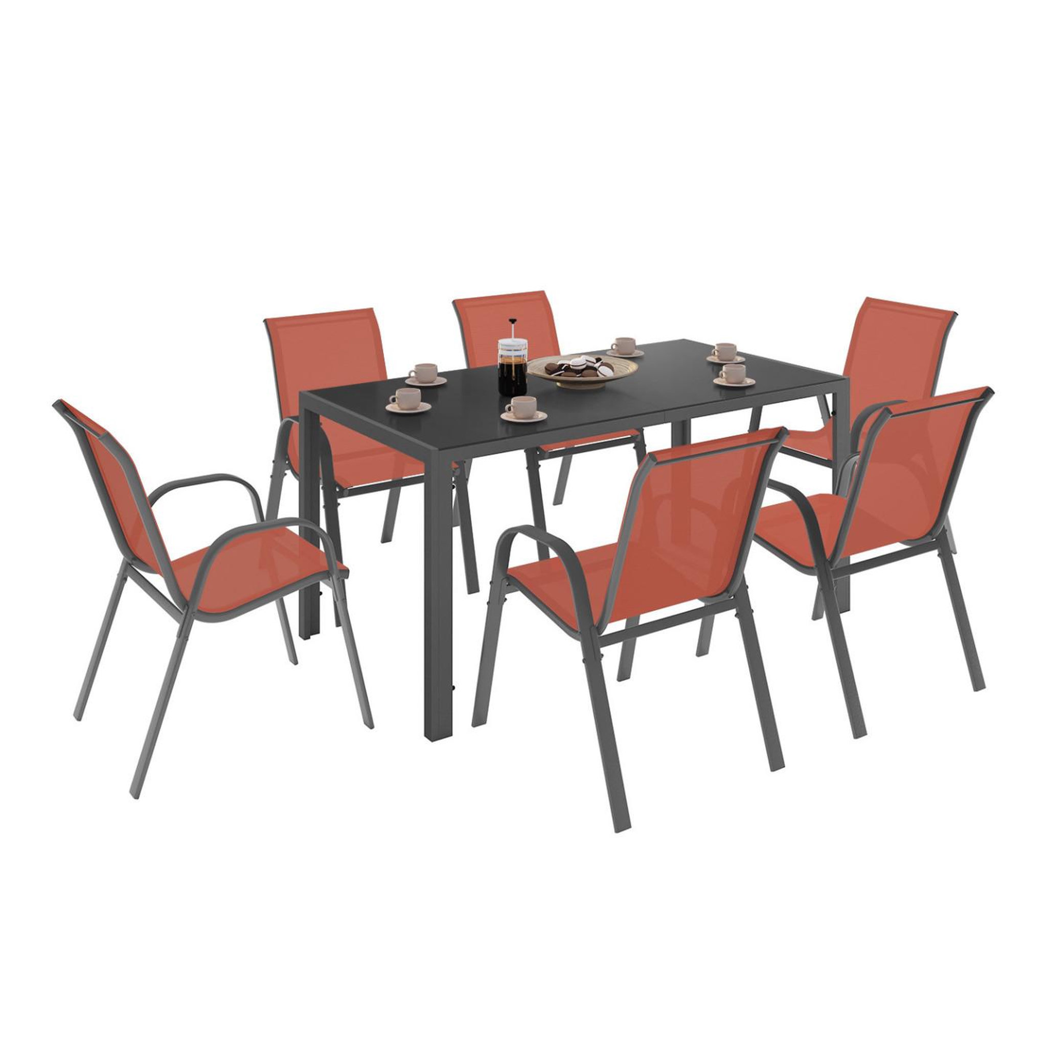ID MARKET Salon de jardin madrid table 150 cm et 6 chaises empilables terracotta et gris