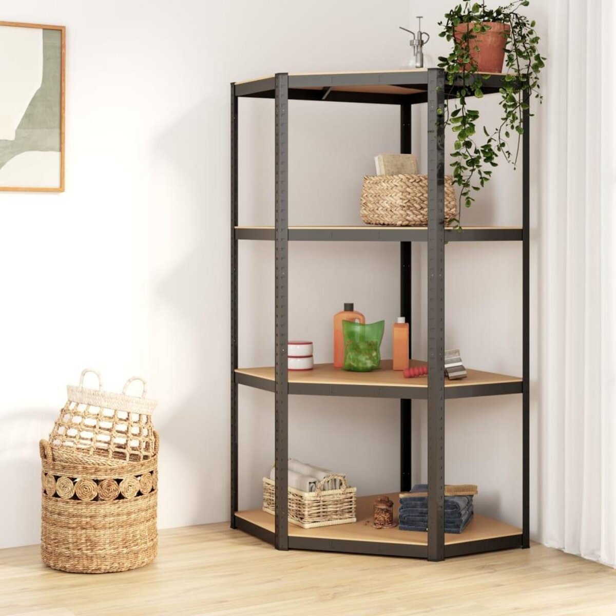 VIDAXL Etagere d'angle a 4 niveaux Anthracite Acier bois d'ingenierie