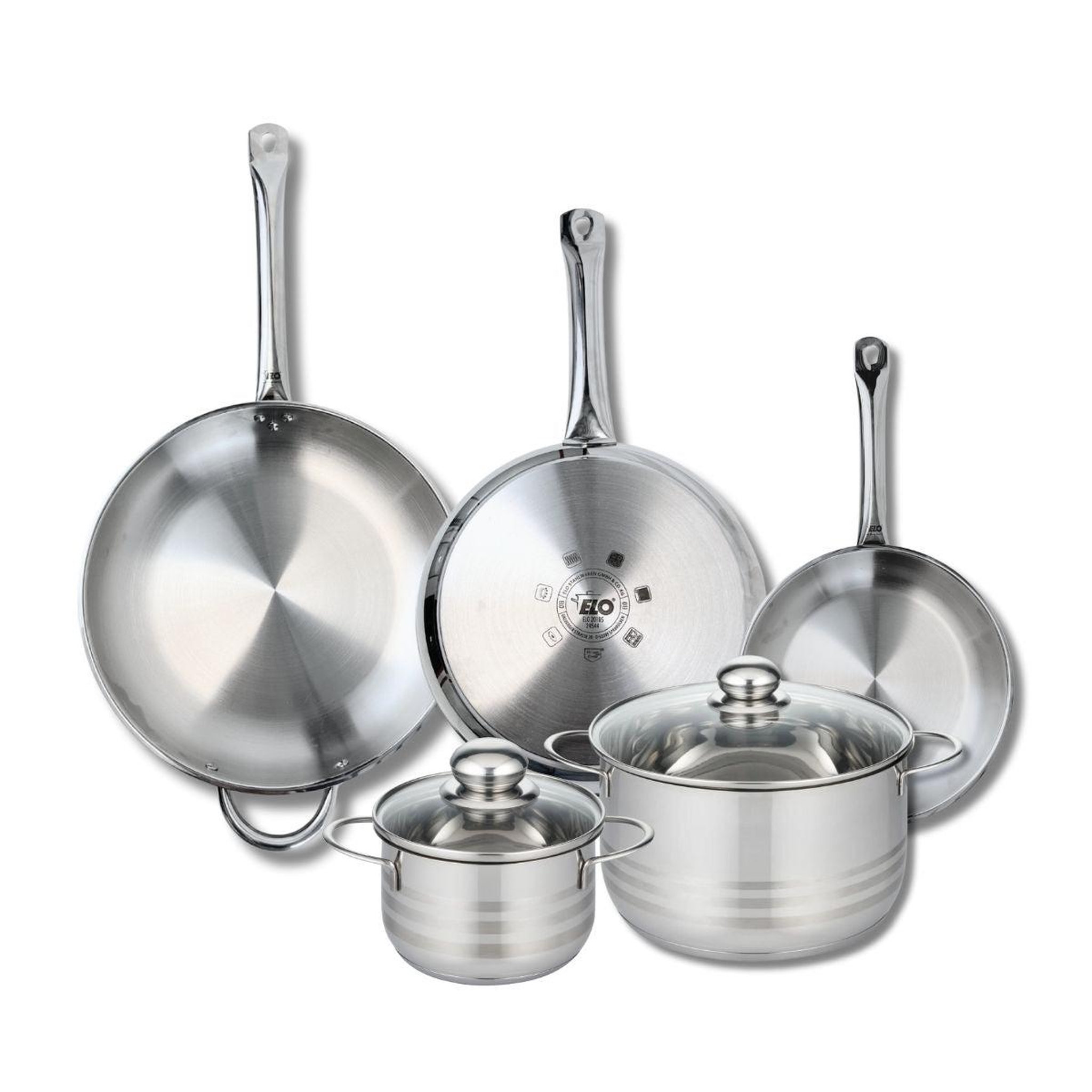 ELO Ensemble de 3 poêles de cuisson 24, 28 et 32 cm et 2 faitouts 16 et 24 cm elo profi brillant