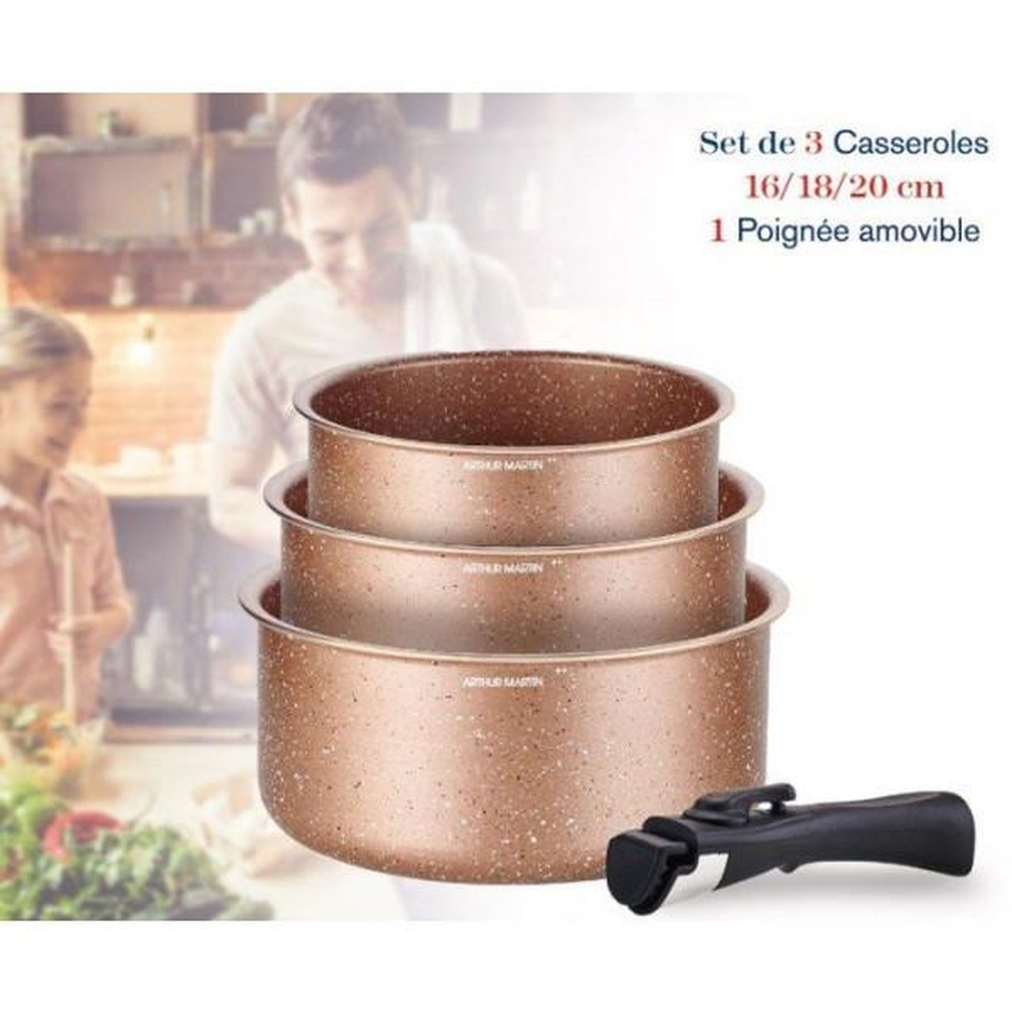 Voir la diapositive 3 : Arthur Martin Set de 3 casseroles - Tous feux dont induction - ARTHUR MARTIN - AM2366 - Ø 16,18 et 20 cm + 1 poignée amovible - Terracotta