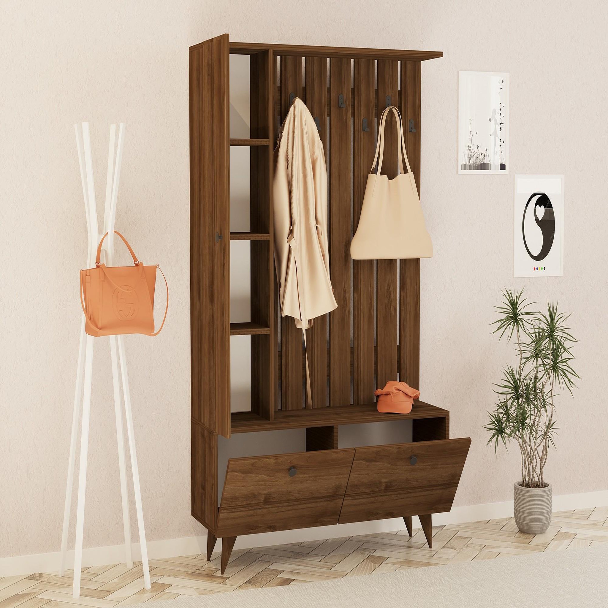 Voir la diapositive 3 : Habitat et Jardin Meuble d'entrée en bois  lala  - 35 x 112 x 170 cm - noyer