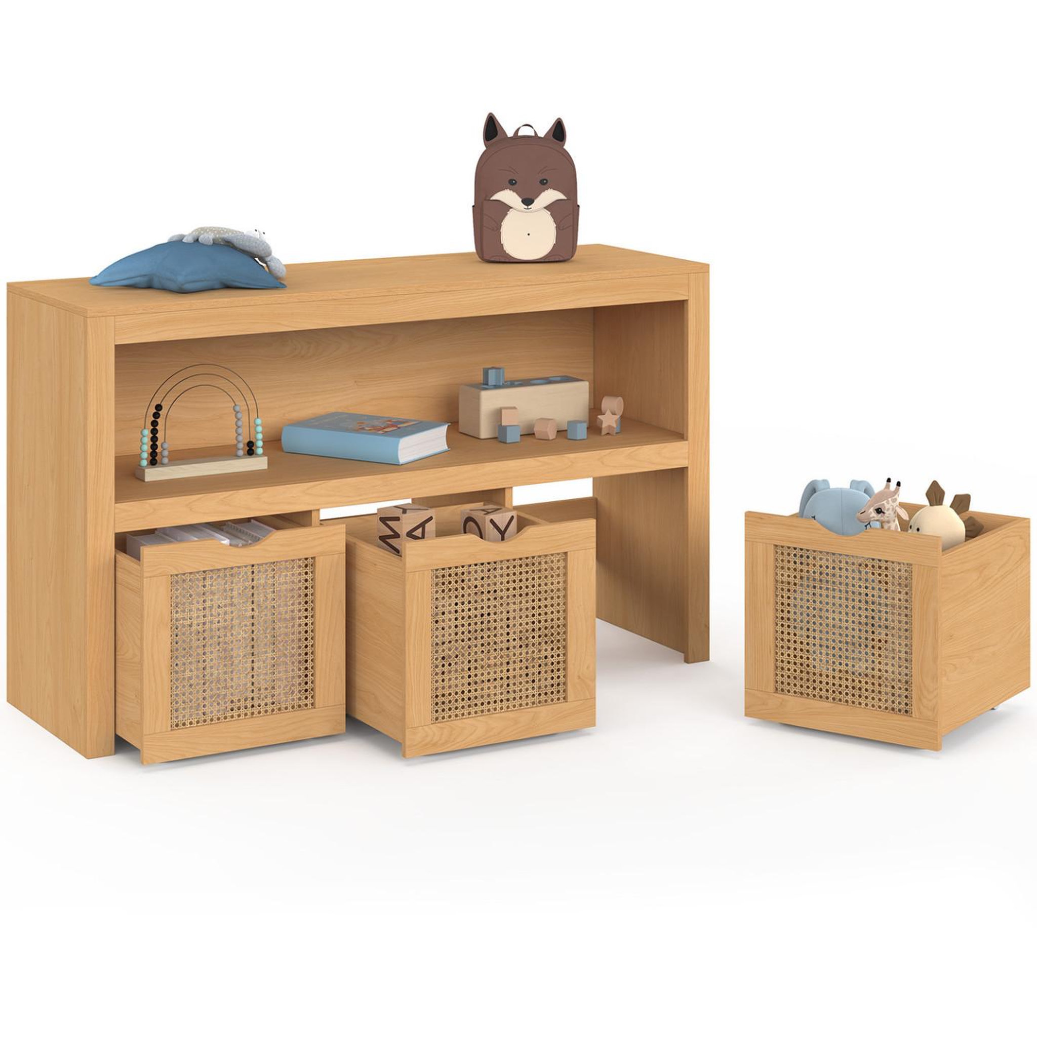 ID MARKET Meuble de rangement enfant edhen bois et cannage 3 tiroirs cubes sur roulettes