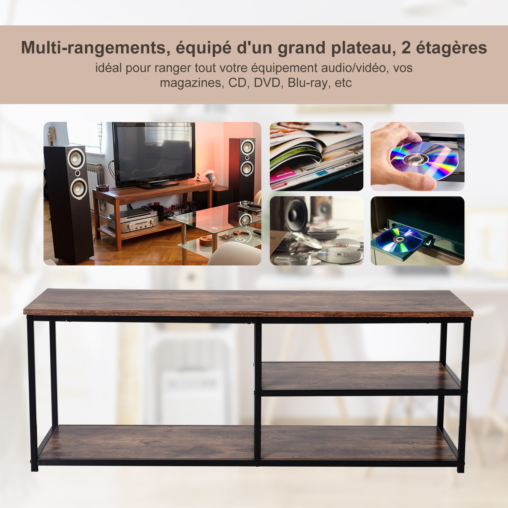 Voir la diapositive 4 : HOMCOM Meuble TV design industriel dim. 120L x 40l x 45H cm grand plateau 2 étagères panneaux particules coloris boisé métal noir