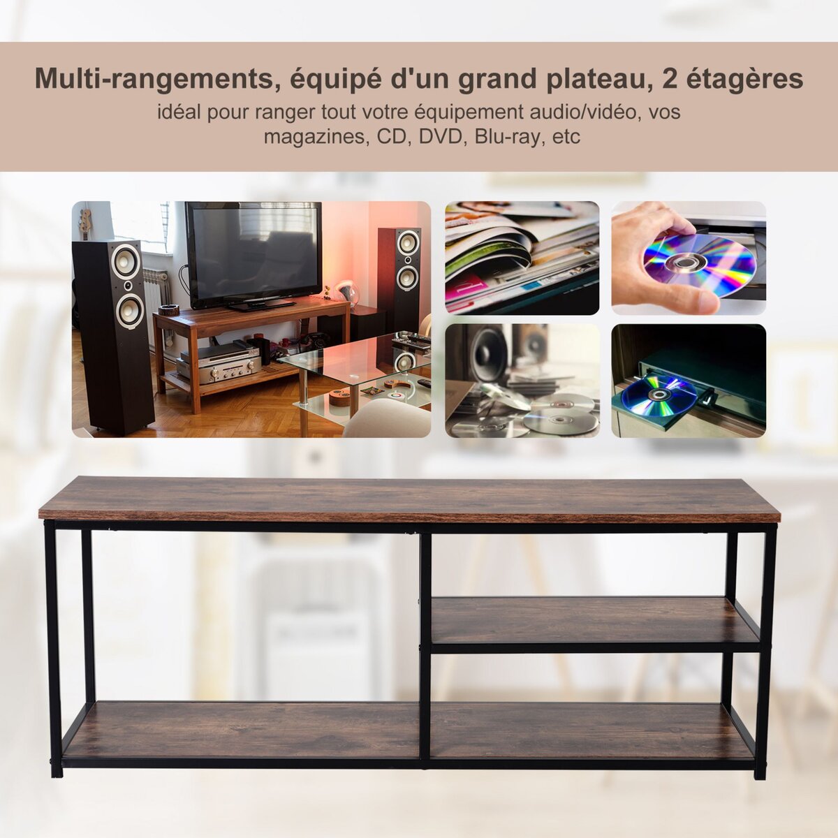 HOMCOM Meuble TV design industriel dim. 120L x 40l x 45H cm grand plateau 2 étagères panneaux particules coloris boisé métal noir