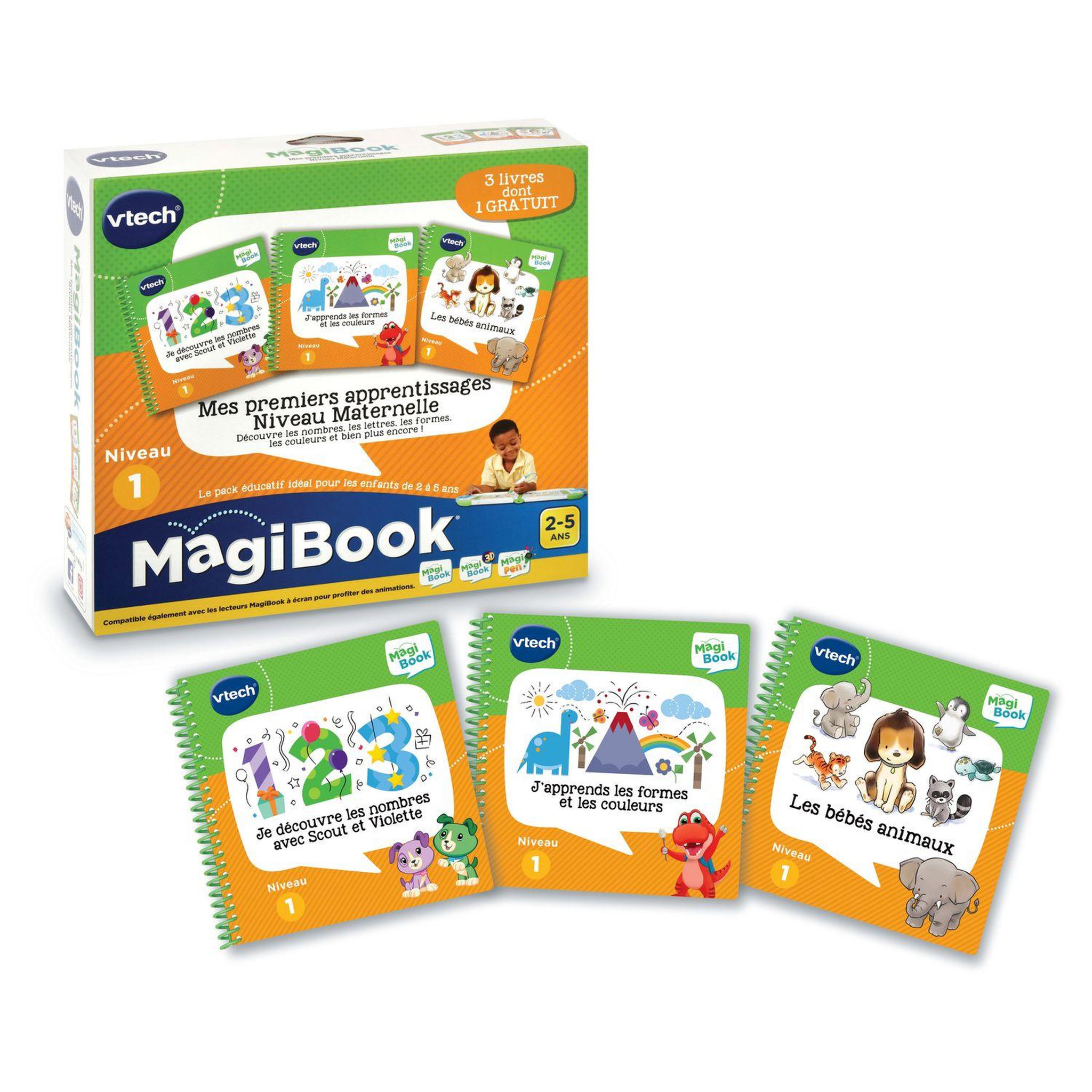Voir la diapositive 2 : VTECH MagiBook - Mes premiers apprentissages niveau maternelle (bébés animaux, je découvre les nombres avec Scout et Violette, j'apprends les formes et les couleurs)