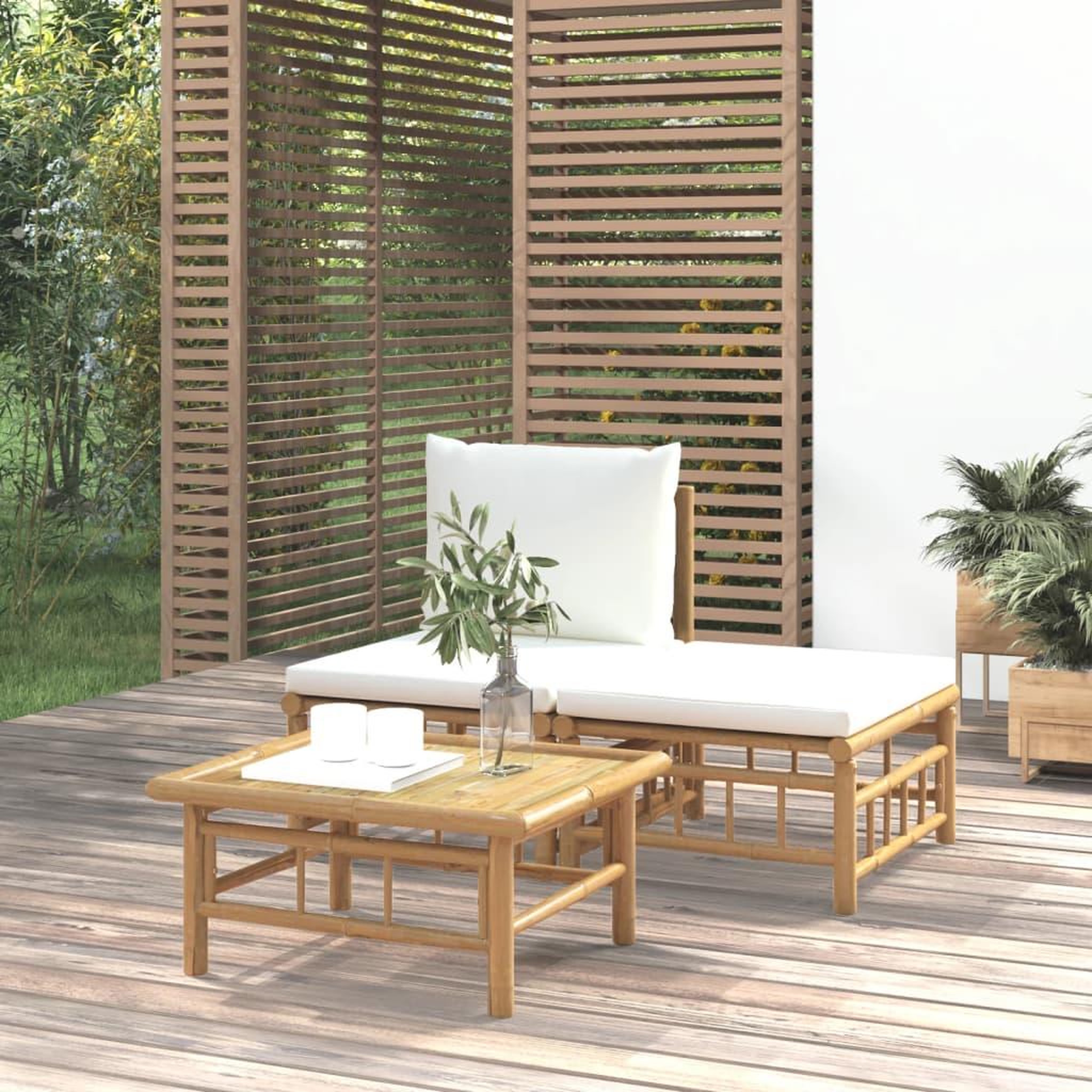 Voir la diapositive 1 : VIDAXL Salon de jardin 3 pcs avec coussins blanc creme bambou