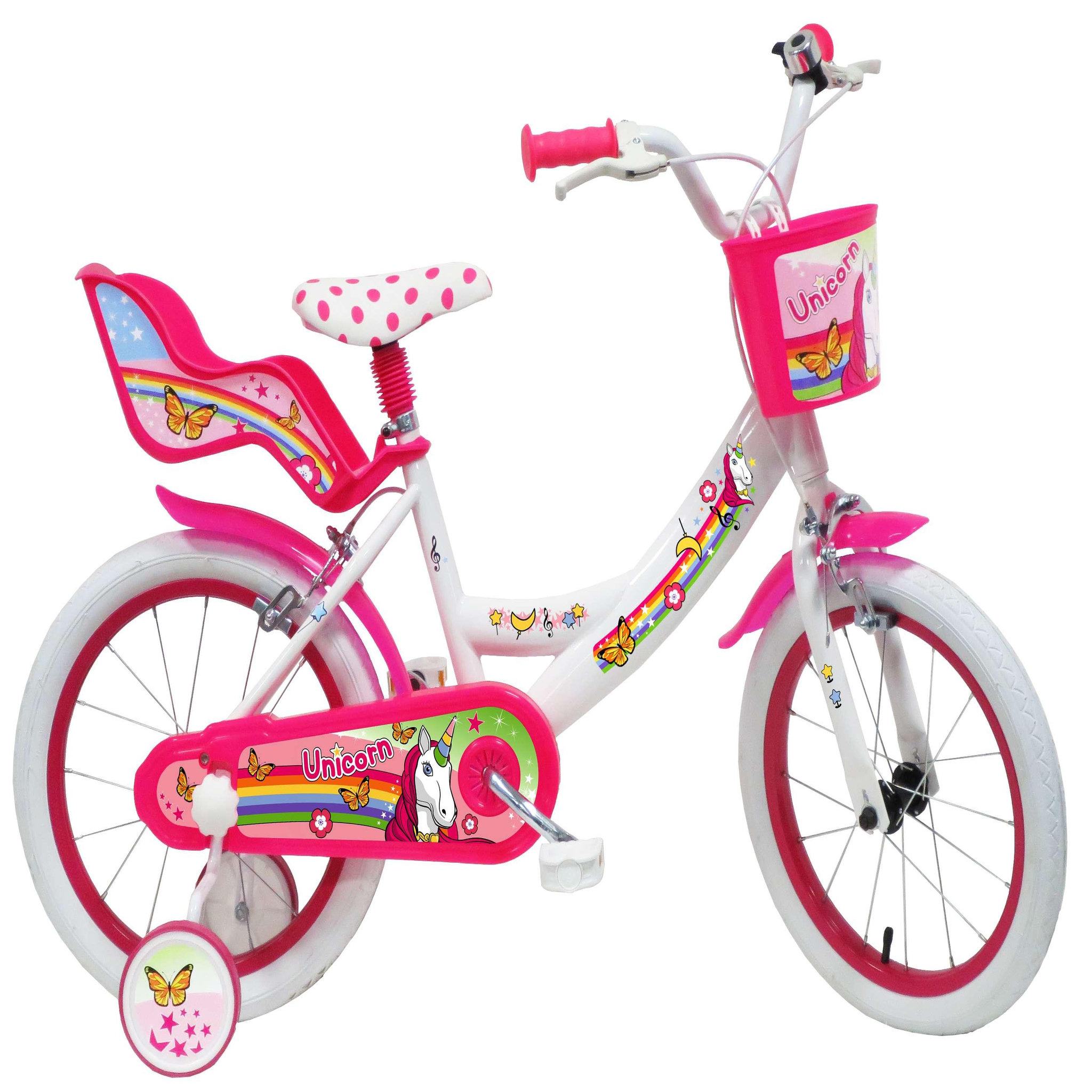Vélo enfant - Modèle 16'' Fille Licorne / Unicorn pour enfant de taille 105 à 120 cm avec stabilisateurs - Panier avant - Porte poupée arrière - 2 freins et pneus gonflables