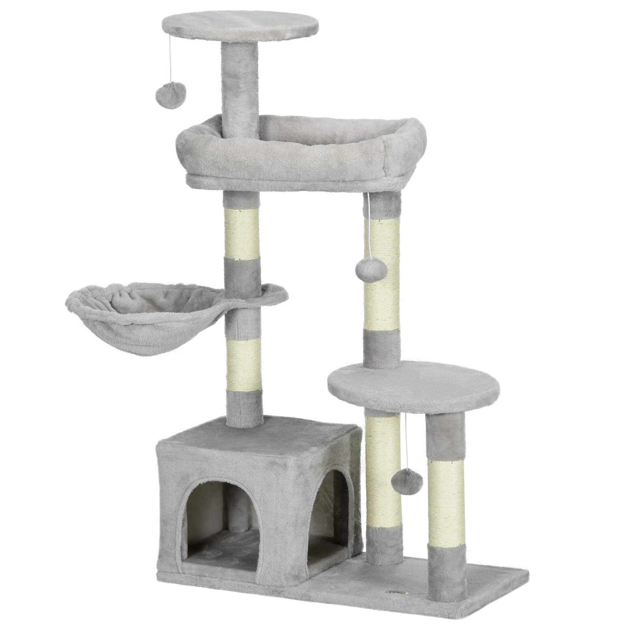 PAWHUT Arbre à chat griffoirs sisal naturel niche plateformes panier hamac jeux boules suspendues peluche gris