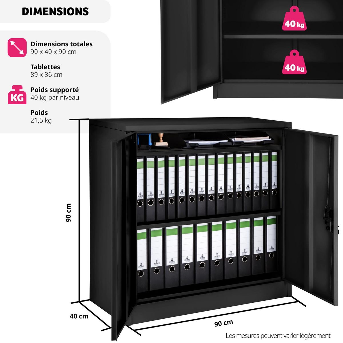 tectake Armoire de classement en métal en acier lâqué époxy noir